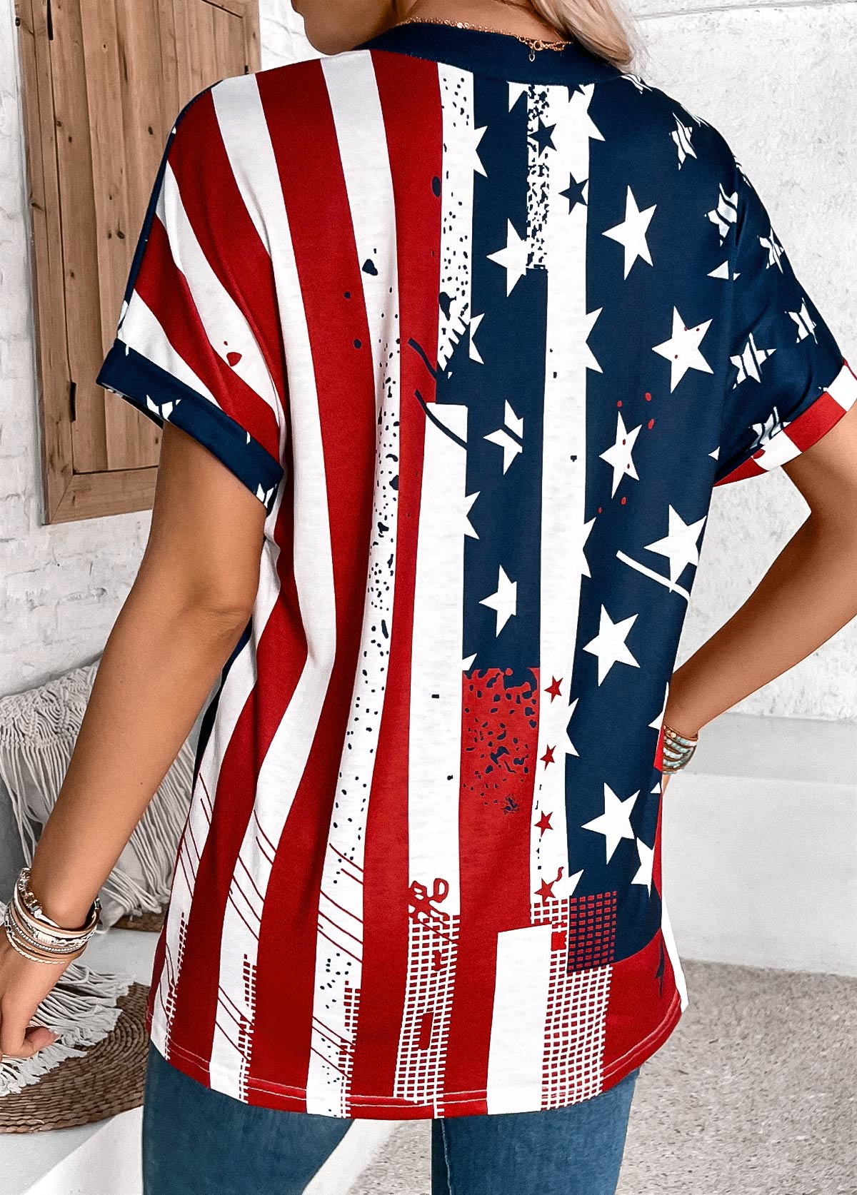Multi Color tops,Flag tops,ROTITA Button American Flag Print Multi Color T Shirt