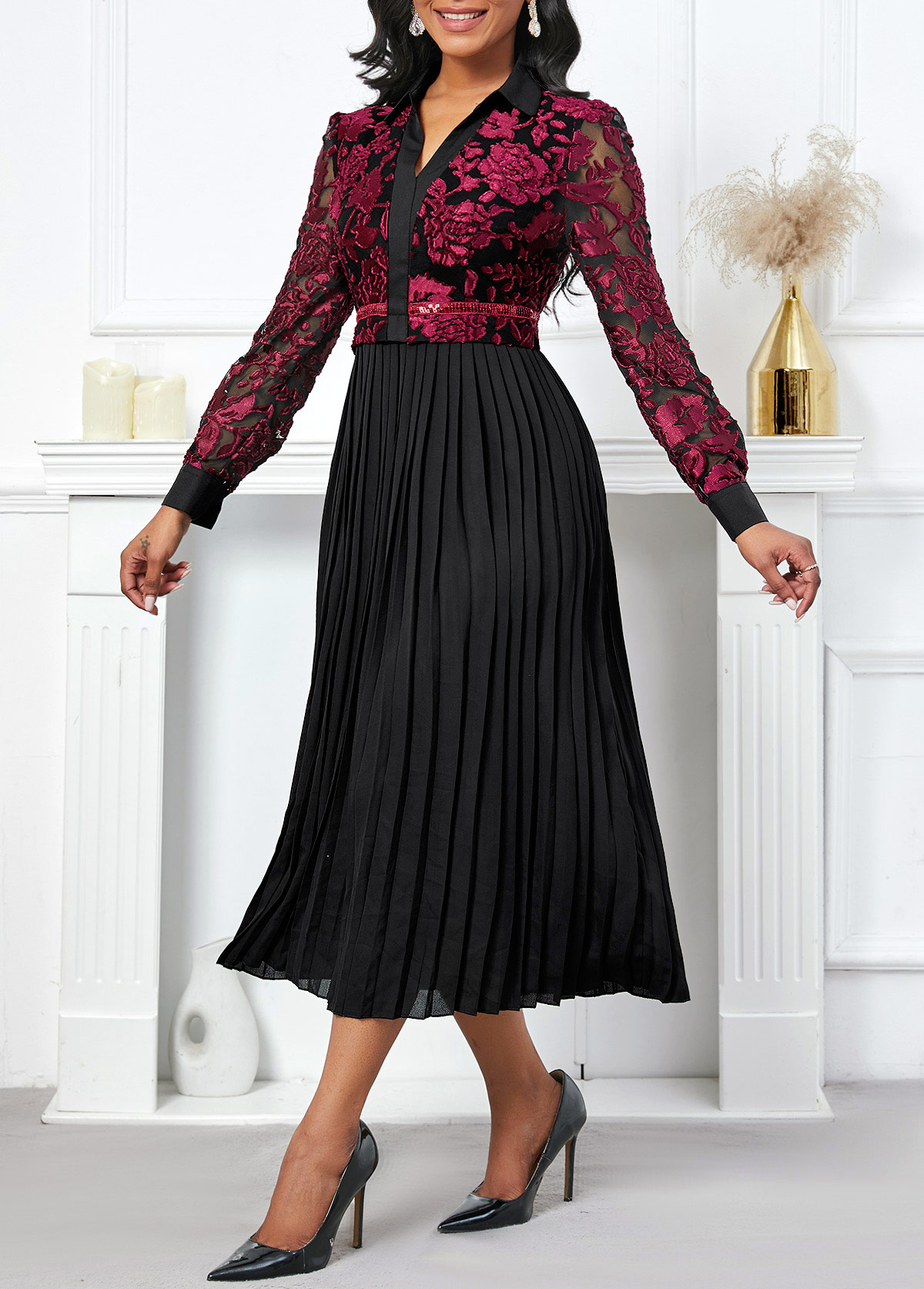 Black dresses,Contrast Color dresses,Party dresses,Elegant dresses,ROTITA Pleated Black V Neck Long Sleeve Dress