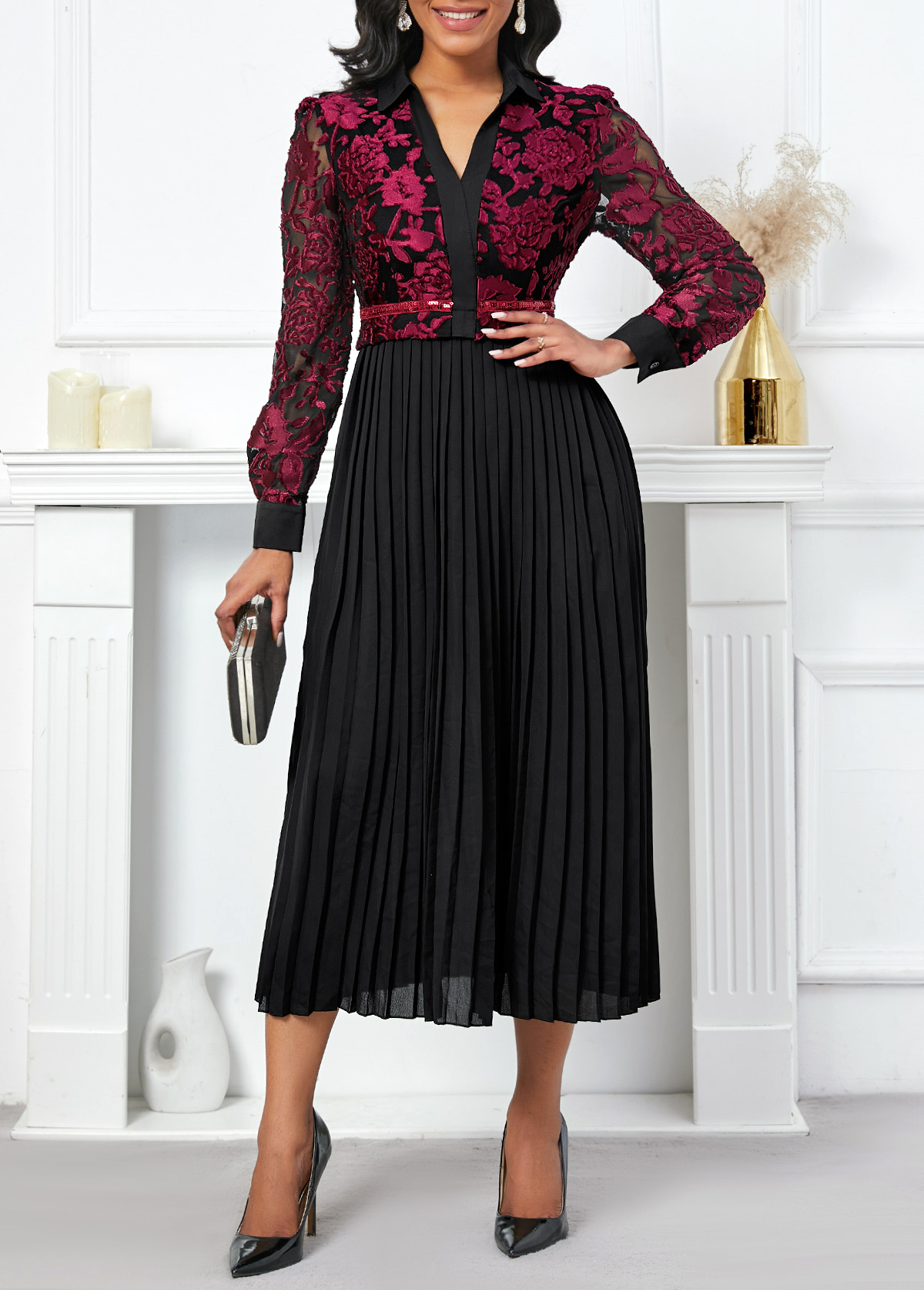 Black dresses,Contrast Color dresses,Party dresses,Elegant dresses,ROTITA Pleated Black V Neck Long Sleeve Dress