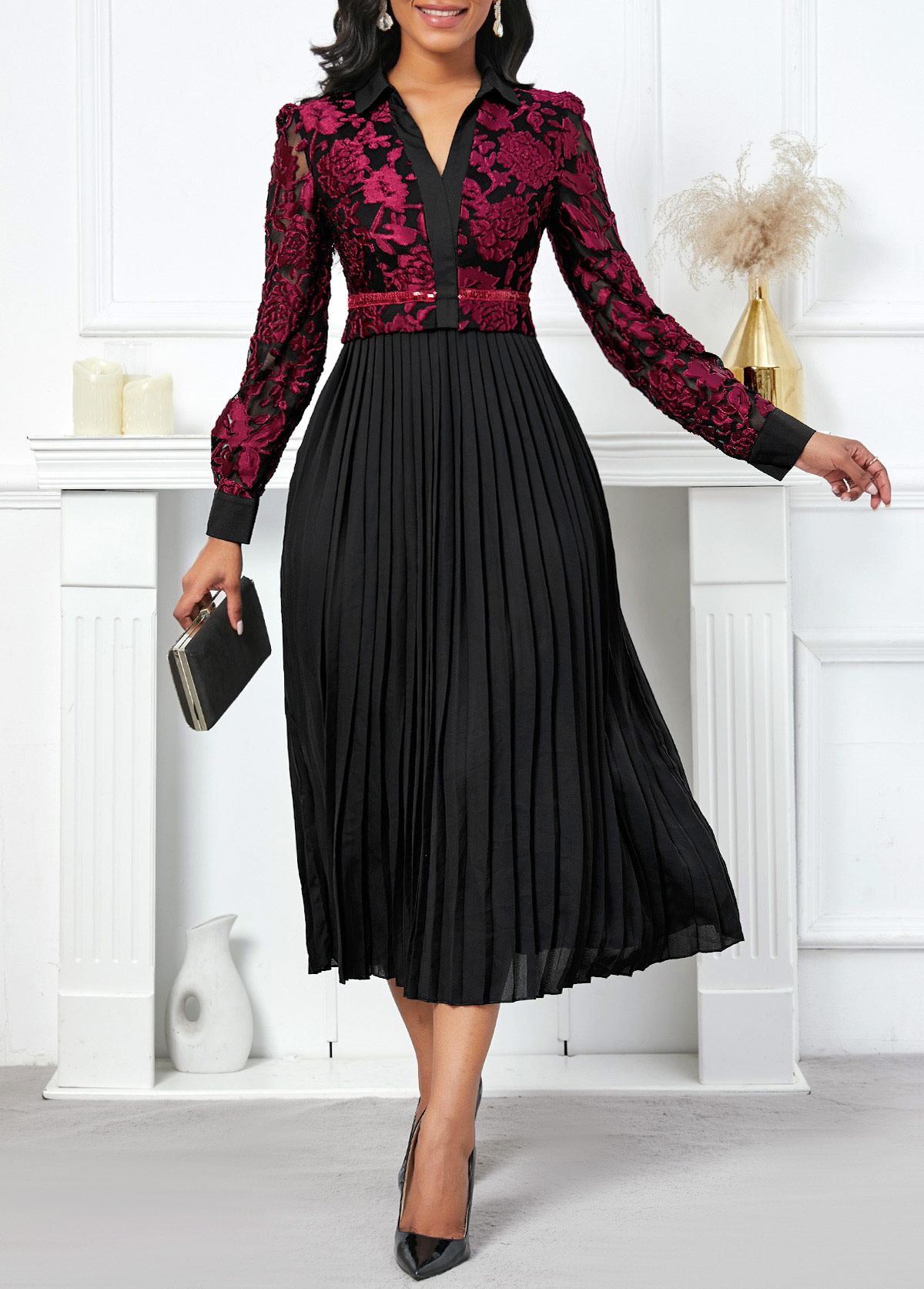 Black dresses,Contrast Color dresses,Party dresses,Elegant dresses,ROTITA Pleated Black V Neck Long Sleeve Dress