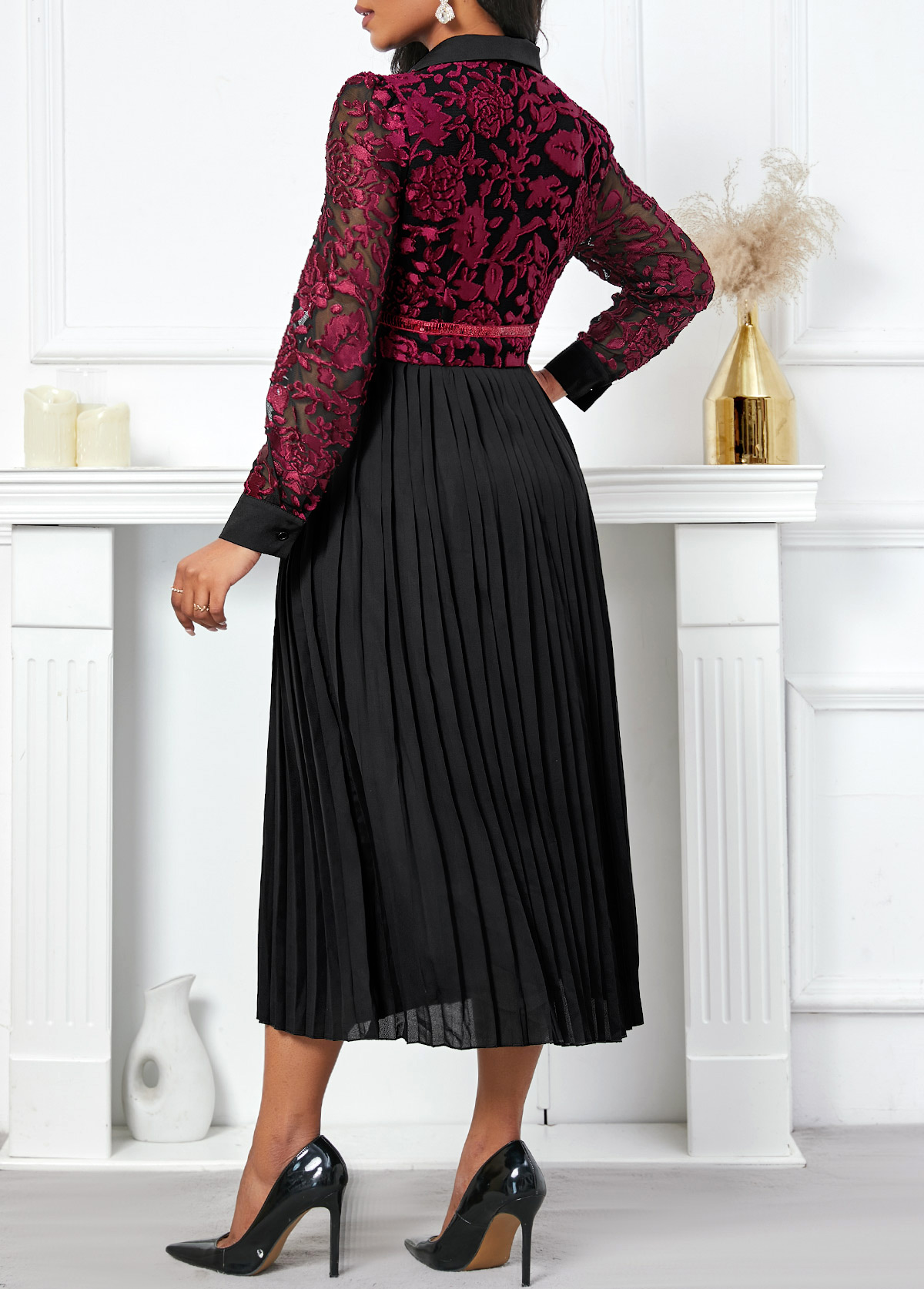 Black dresses,Contrast Color dresses,Party dresses,Elegant dresses,ROTITA Pleated Black V Neck Long Sleeve Dress