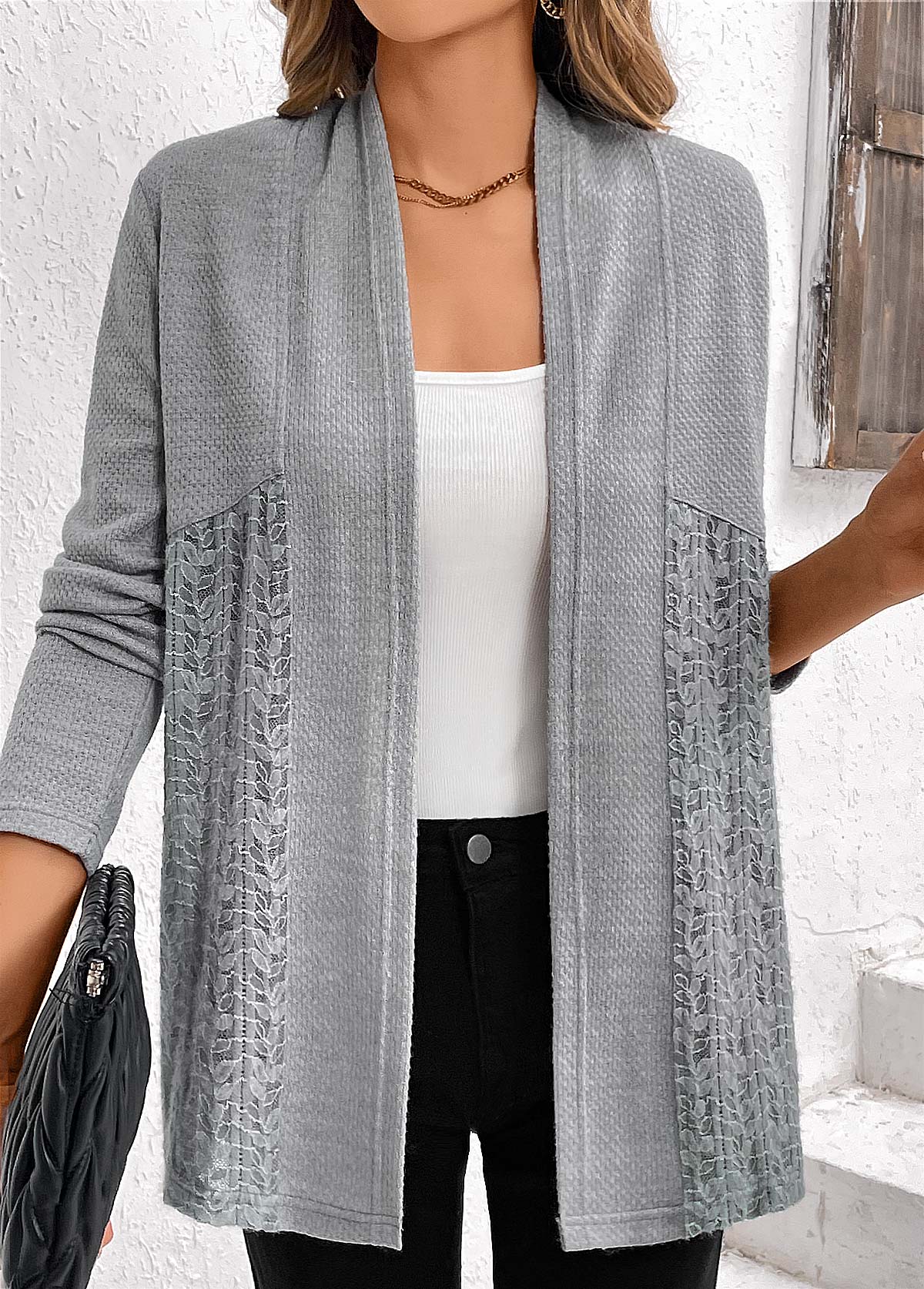 Grey tops,Plain Color tops,ROTITA Lace Patchwork Grey Long Sleeve Cardigan