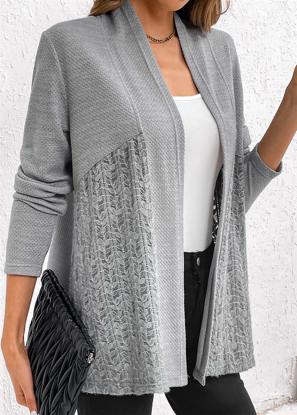 Grey tops,Plain Color tops,ROTITA Lace Patchwork Grey Long Sleeve Cardigan