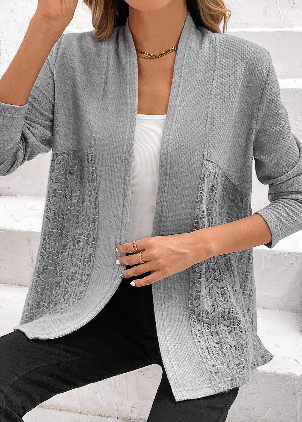 Grey tops,Plain Color tops,ROTITA Lace Patchwork Grey Long Sleeve Cardigan
