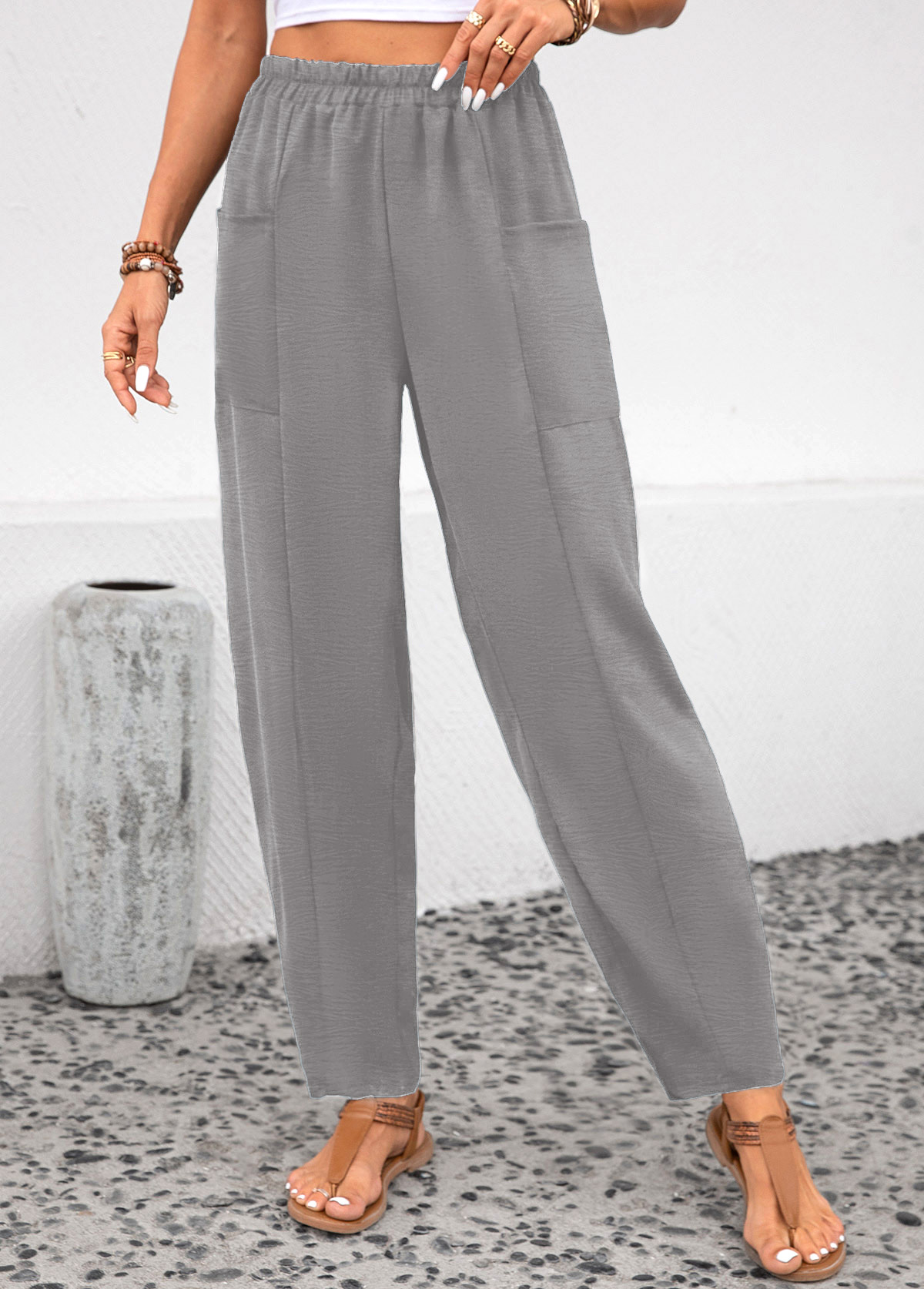 Light Grey bottoms,Plain Color bottoms,Pocket Light Grey Elastic Waist High Waisted Pants