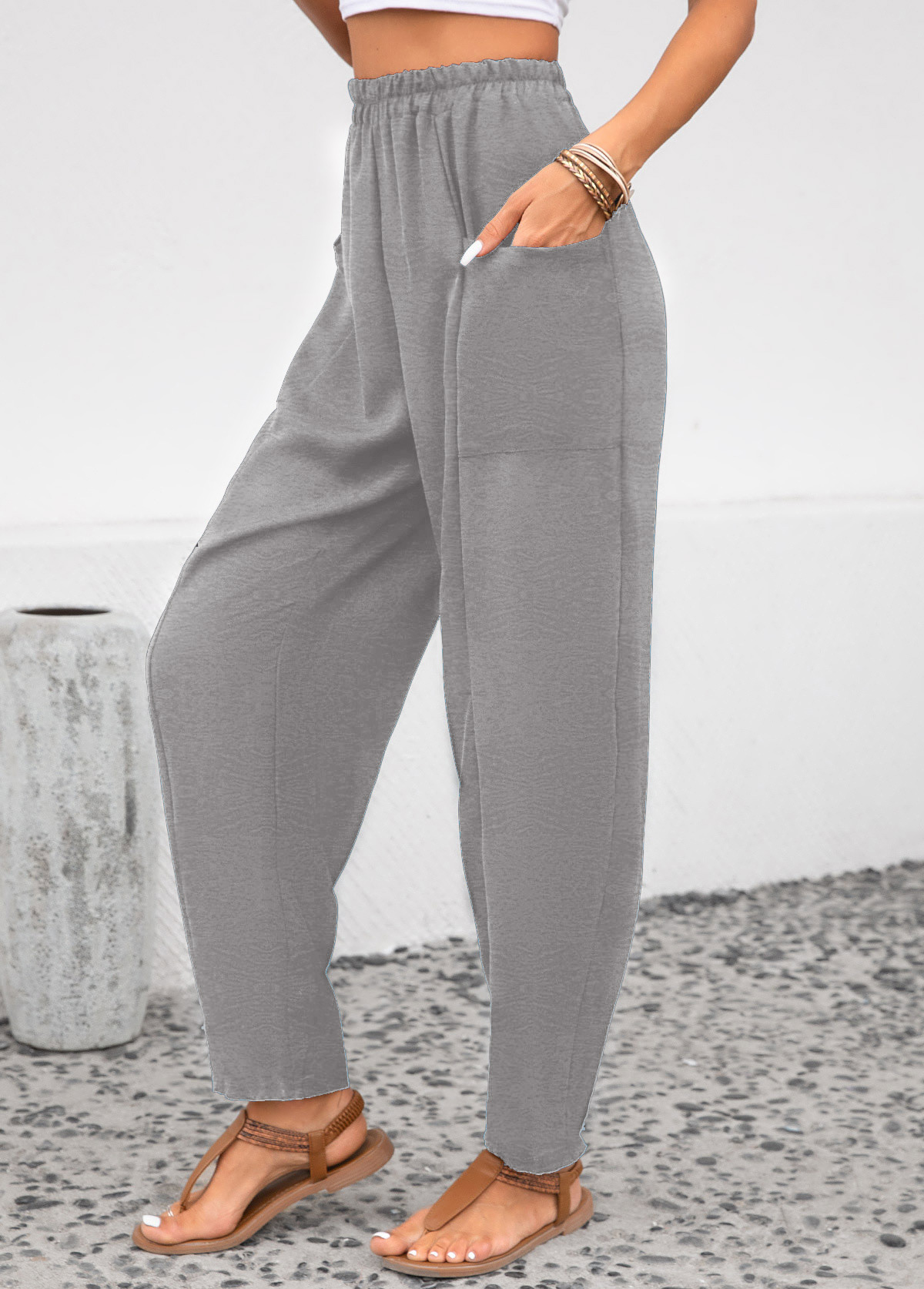 Light Grey bottoms,Plain Color bottoms,Pocket Light Grey Elastic Waist High Waisted Pants