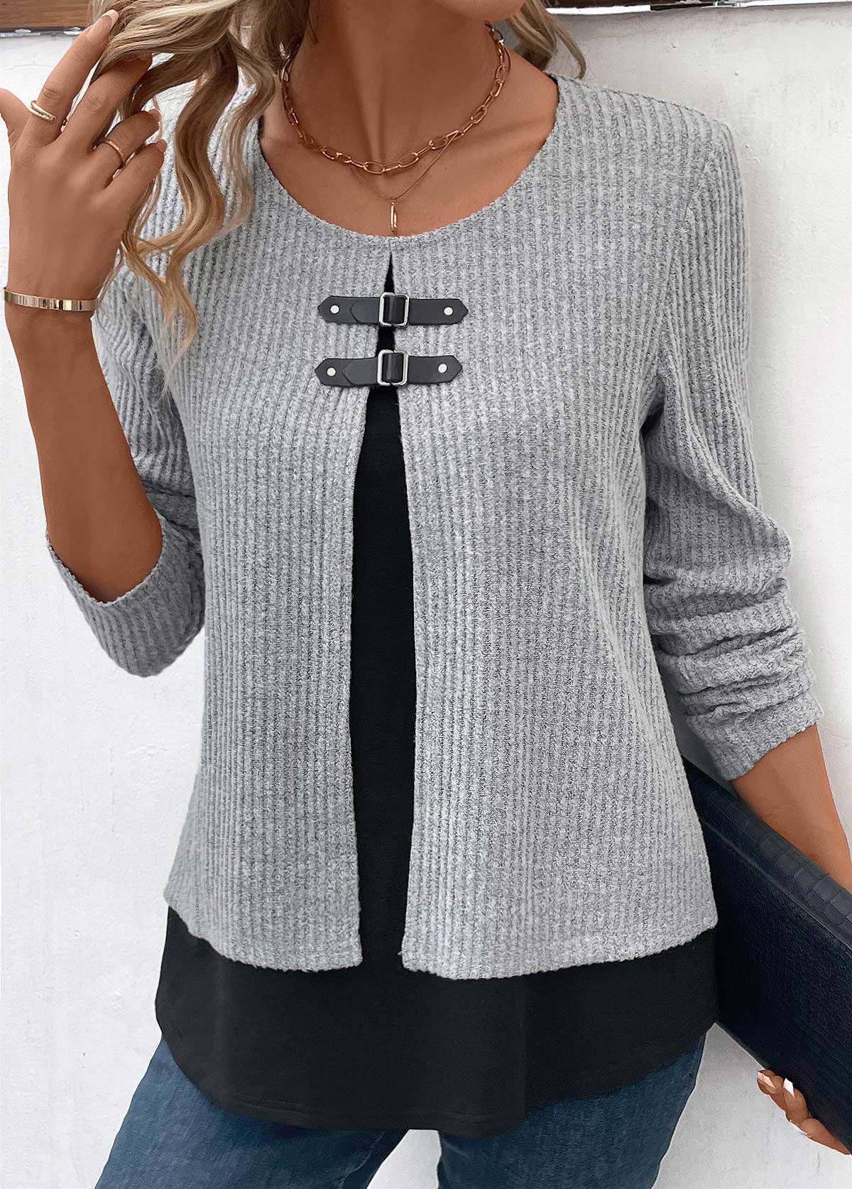 Light Grey Marl tops,Contrast Color tops,ROTITA Light Grey Marl Round Neck Fake Two Piece Twinset