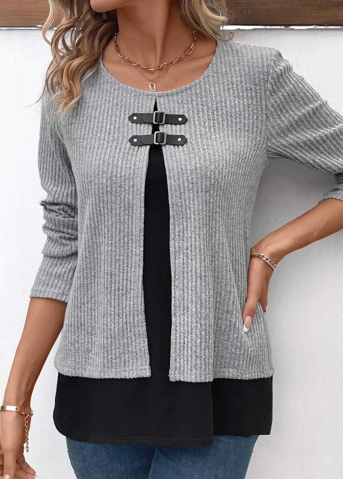 Light Grey Marl tops,Contrast Color tops,ROTITA Light Grey Marl Round Neck Fake Two Piece Twinset