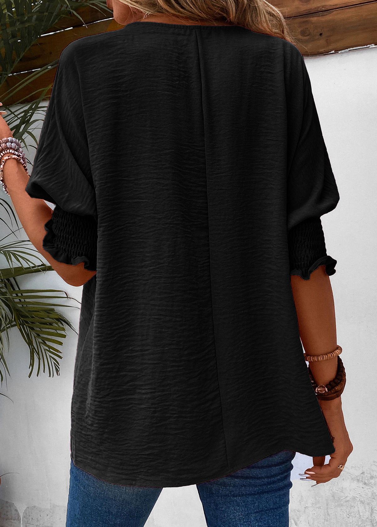 Black tops,Plain Color tops,ROTITA Smocked Black Round Neck Half Sleeve T Shirt