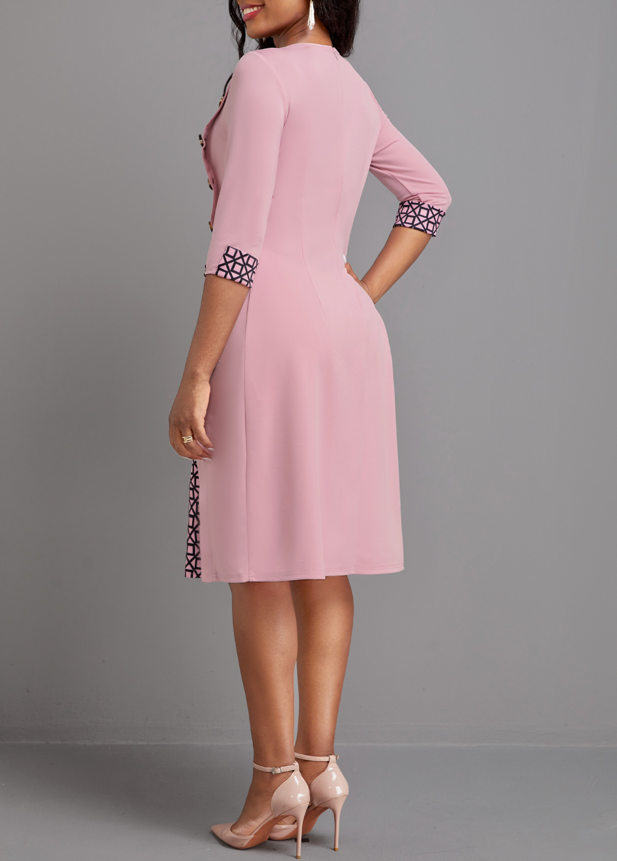 Pink dresses,Geometric dresses,Striped dresses,Plaid dresses,Party dresses,Elegant dresses,ROTITA Button Geometric Print Pink A Line Dress