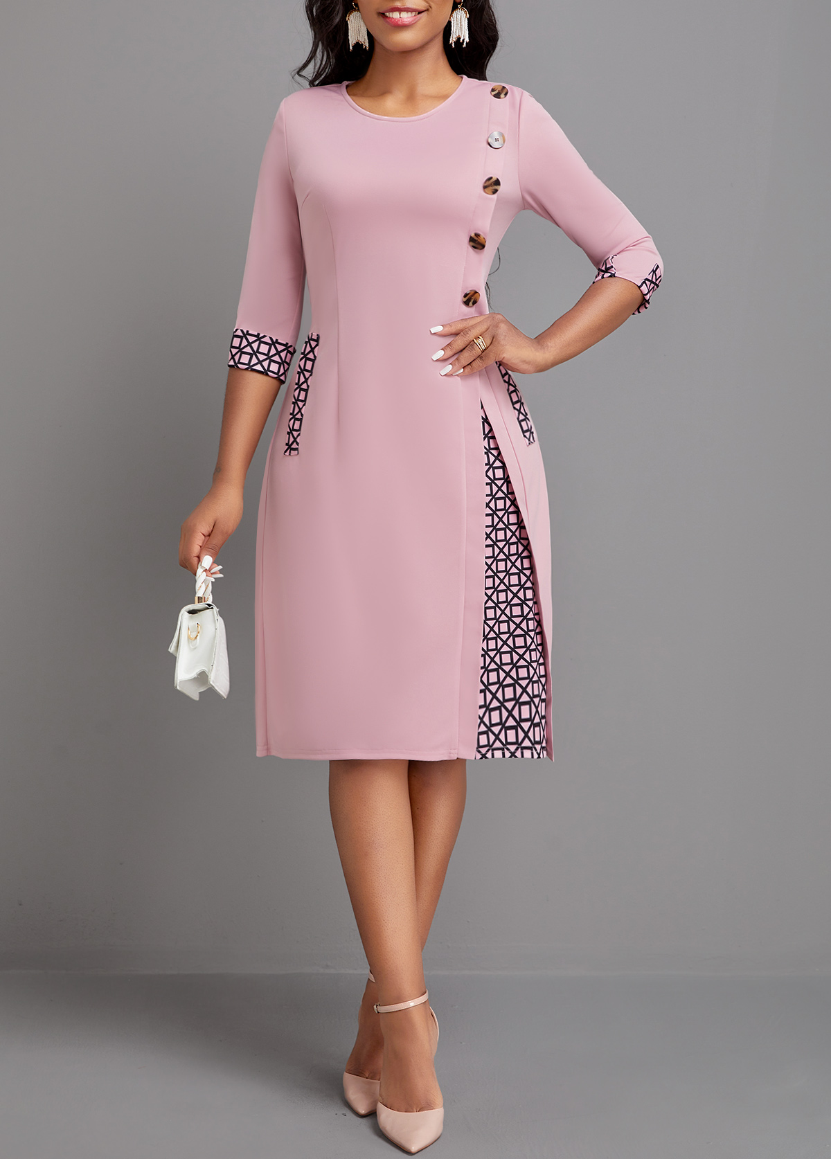 Pink dresses,Geometric dresses,Striped dresses,Plaid dresses,Party dresses,Elegant dresses,ROTITA Button Geometric Print Pink A Line Dress