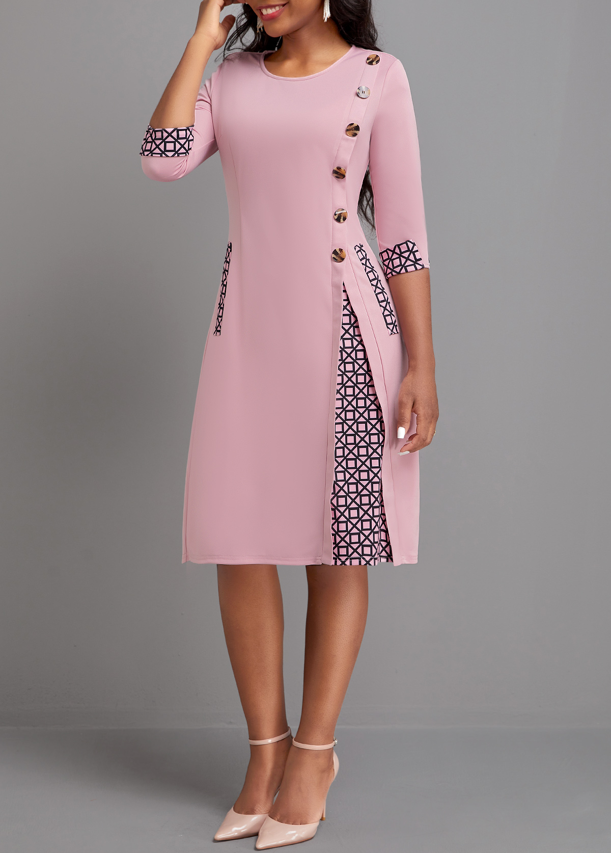Pink dresses,Geometric dresses,Striped dresses,Plaid dresses,Party dresses,Elegant dresses,ROTITA Button Geometric Print Pink A Line Dress