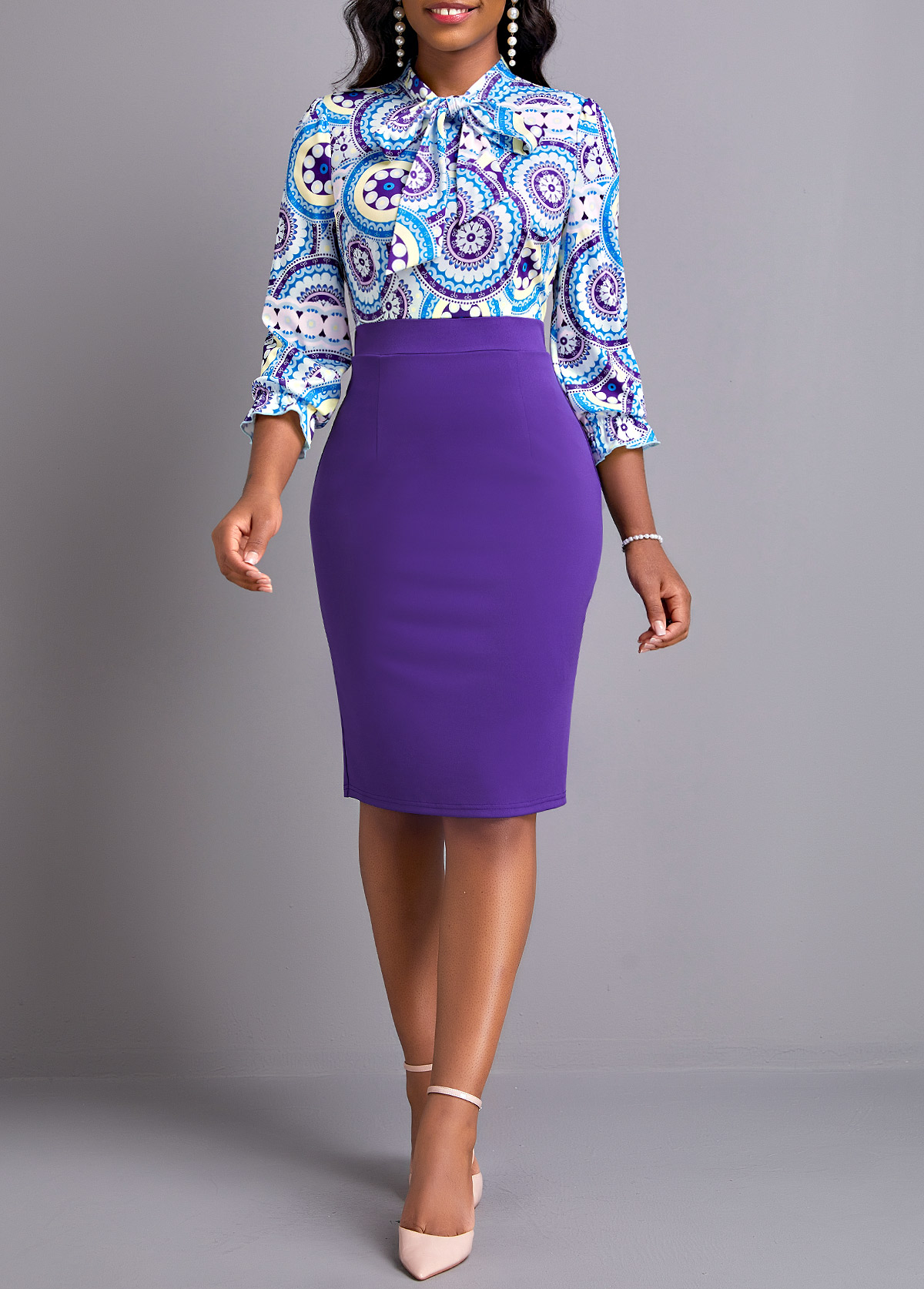 Purple dresses,Tribal dresses,Geometric dresses,Dot dresses,Party dresses,Elegant dresses,ROTITA Bowknot Tribal Print Purple Tie Collar Bodycon Dress