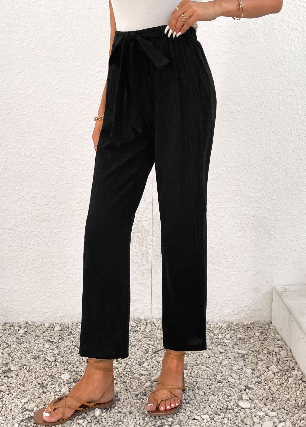 Black bottoms,Plain Color bottoms,Bowknot Black Elastic Waist High Waisted Pants