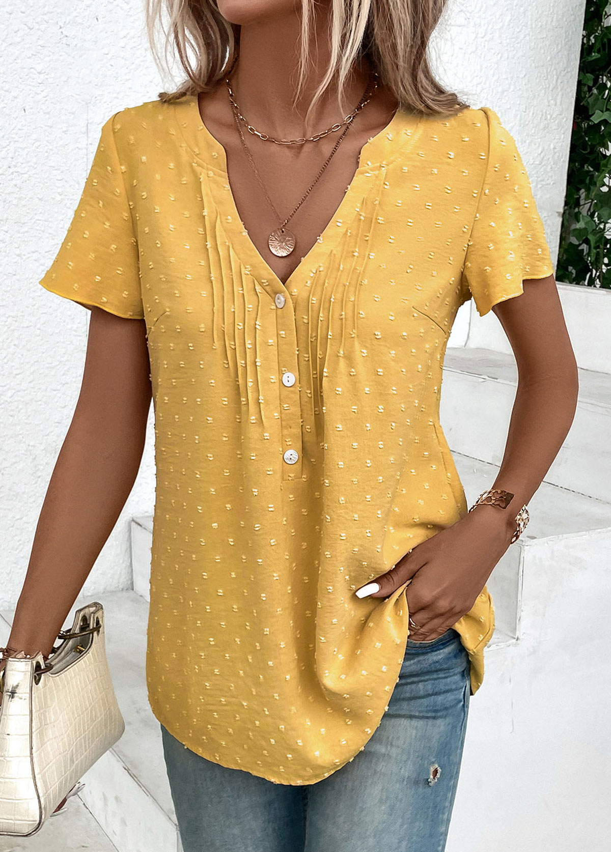 Light Yellow tops,Plain Color tops,ROTITA Jacquard Light Yellow V Neck Short Sleeve Blouse