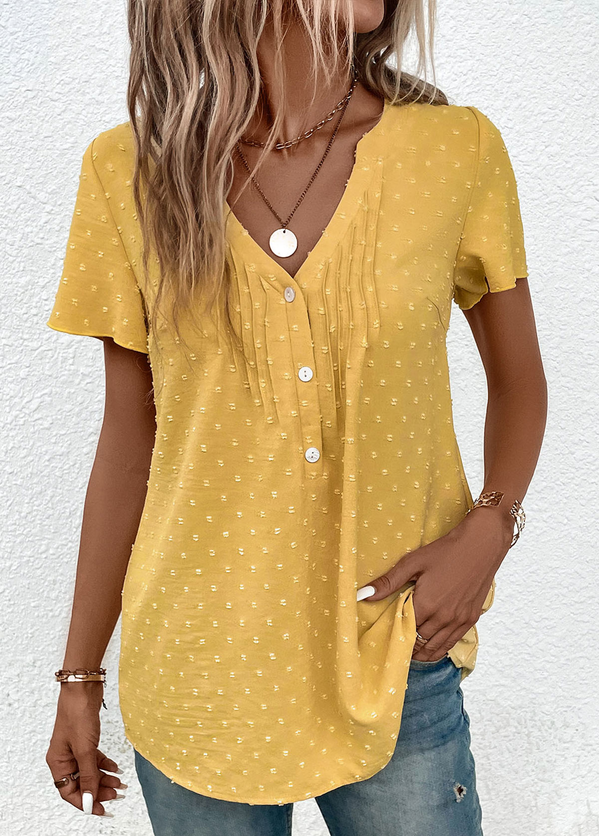 Light Yellow tops,Plain Color tops,ROTITA Jacquard Light Yellow V Neck Short Sleeve Blouse