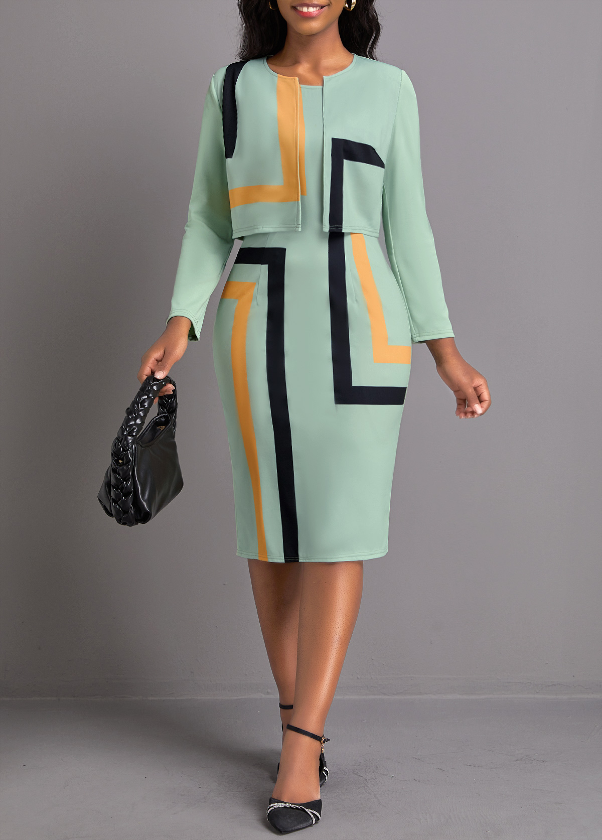 Sage Green dresses,Geometric dresses,Striped dresses,Party dresses,Elegant dresses,ROTITA Two Piece Geometric Print Sage Green Dress and Cardigan