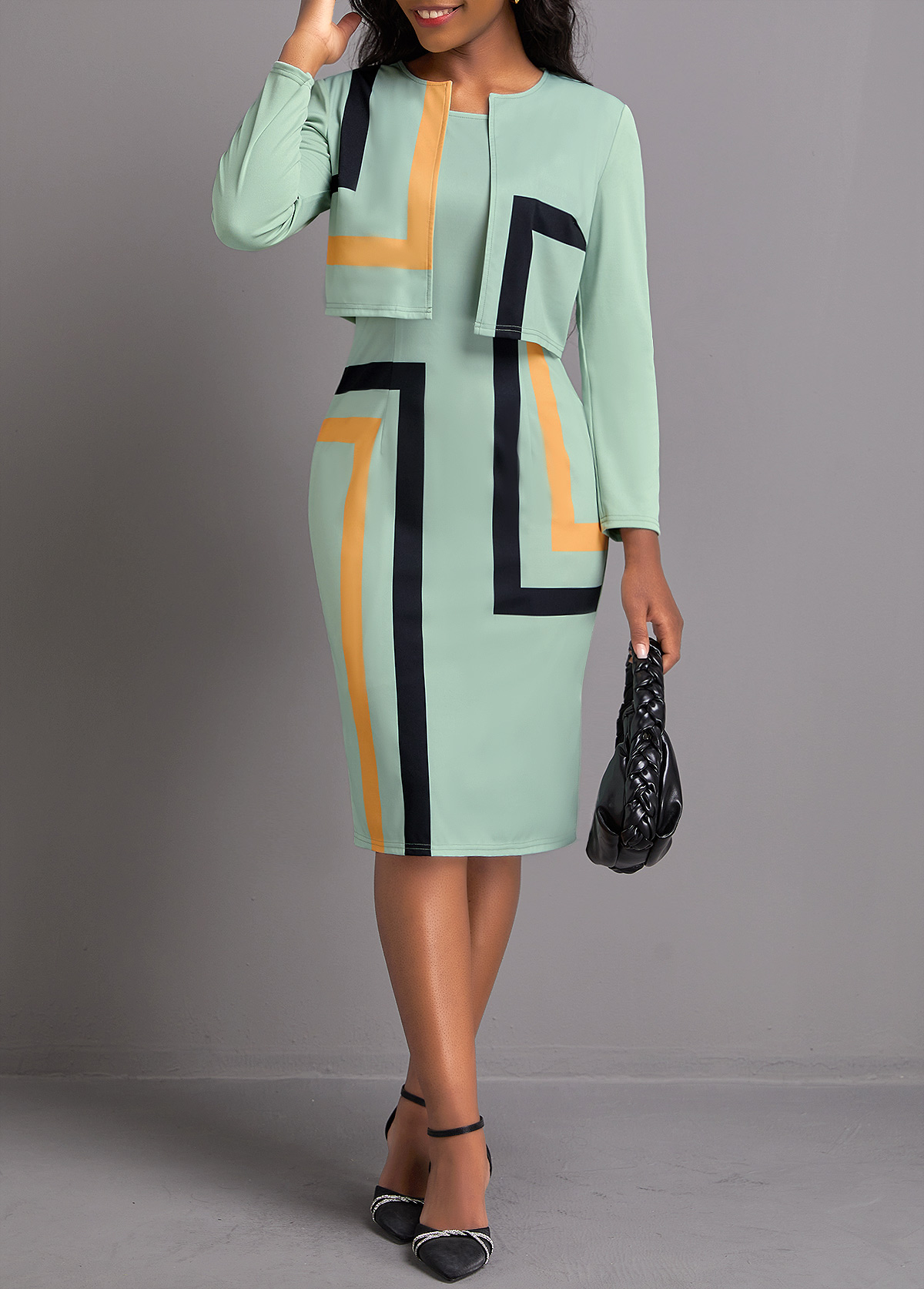 Sage Green dresses,Geometric dresses,Striped dresses,Party dresses,Elegant dresses,ROTITA Two Piece Geometric Print Sage Green Dress and Cardigan
