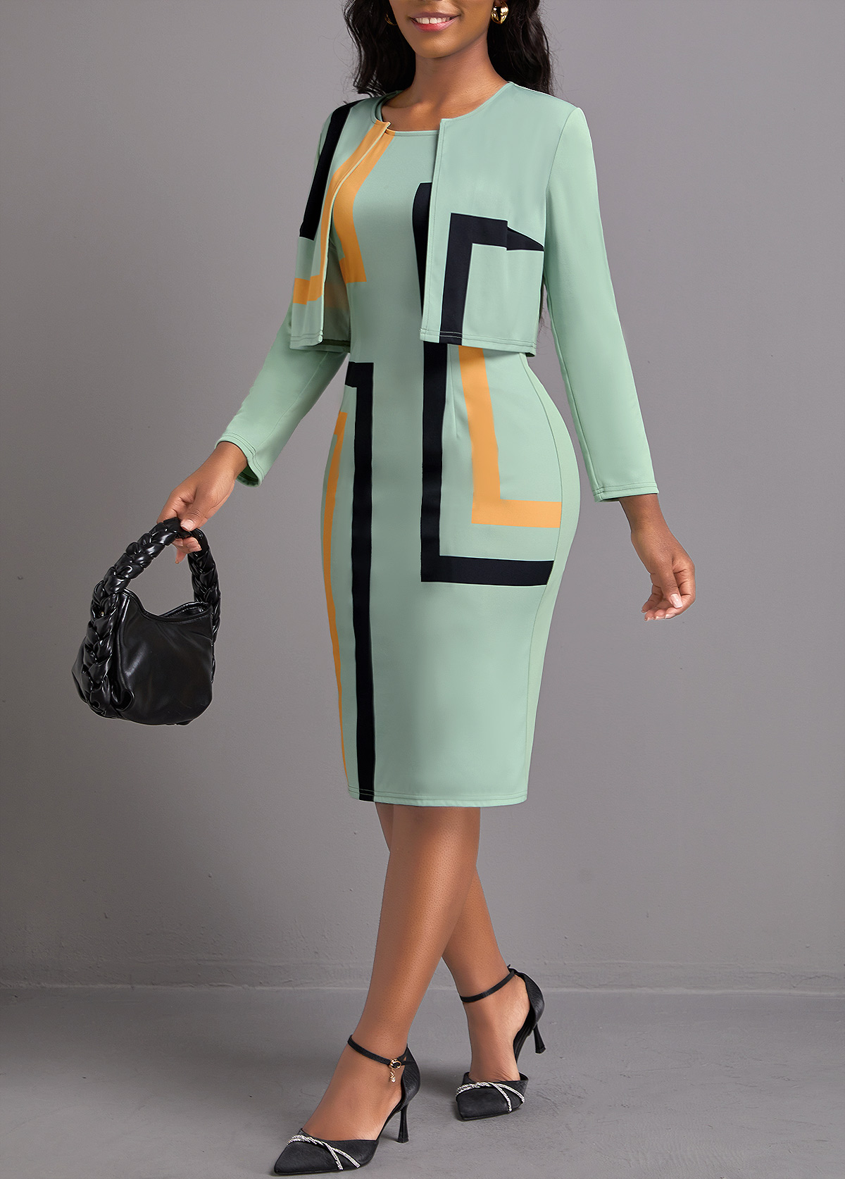 Sage Green dresses,Geometric dresses,Striped dresses,Party dresses,Elegant dresses,ROTITA Two Piece Geometric Print Sage Green Dress and Cardigan