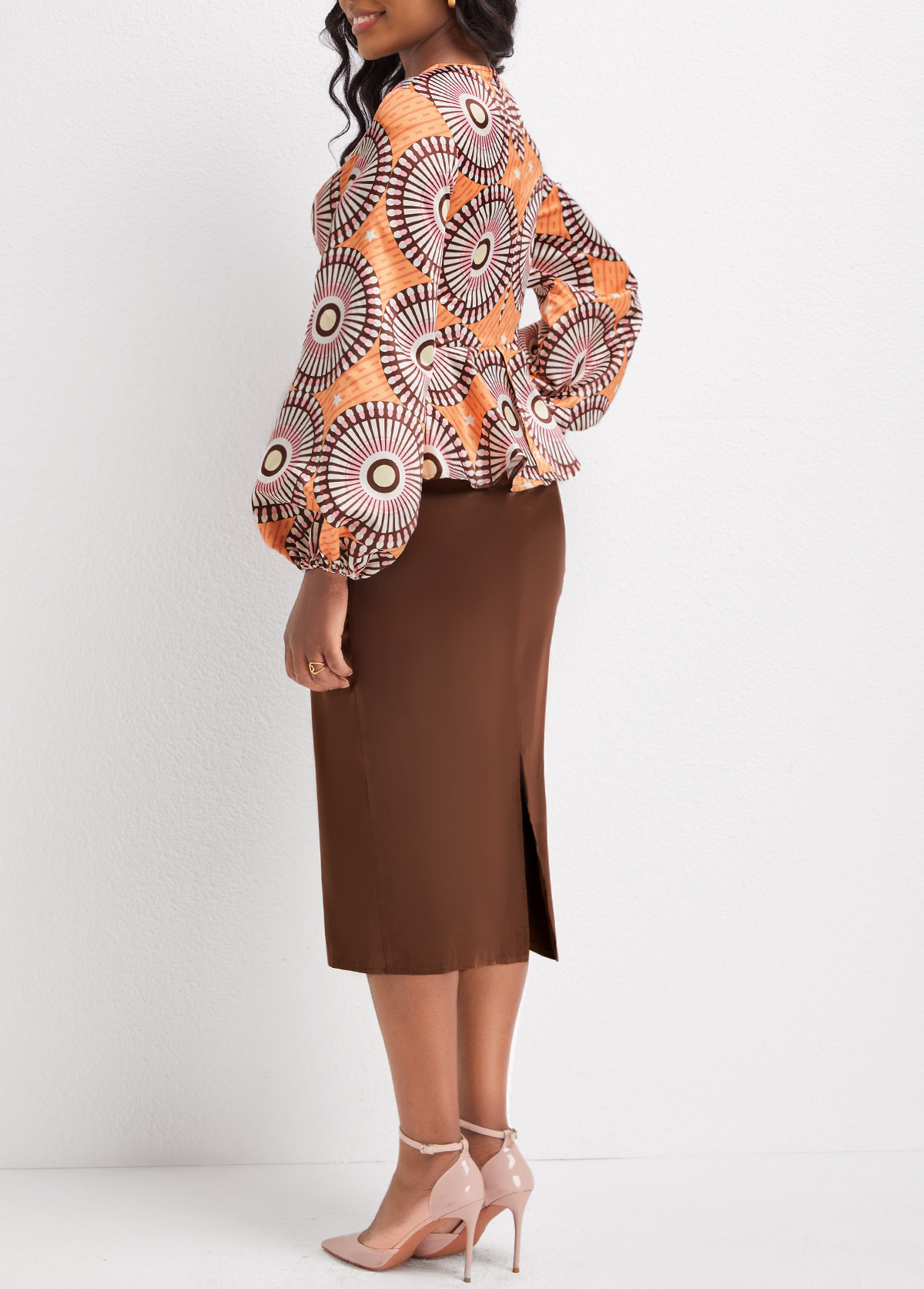 Orange dresses,Dark Coffee dresses,Tribal dresses,Geometric dresses,Striped dresses,Party dresses,Elegant dresses,ROTITA Patchwork Tribal Print Orange Round Neck Dress