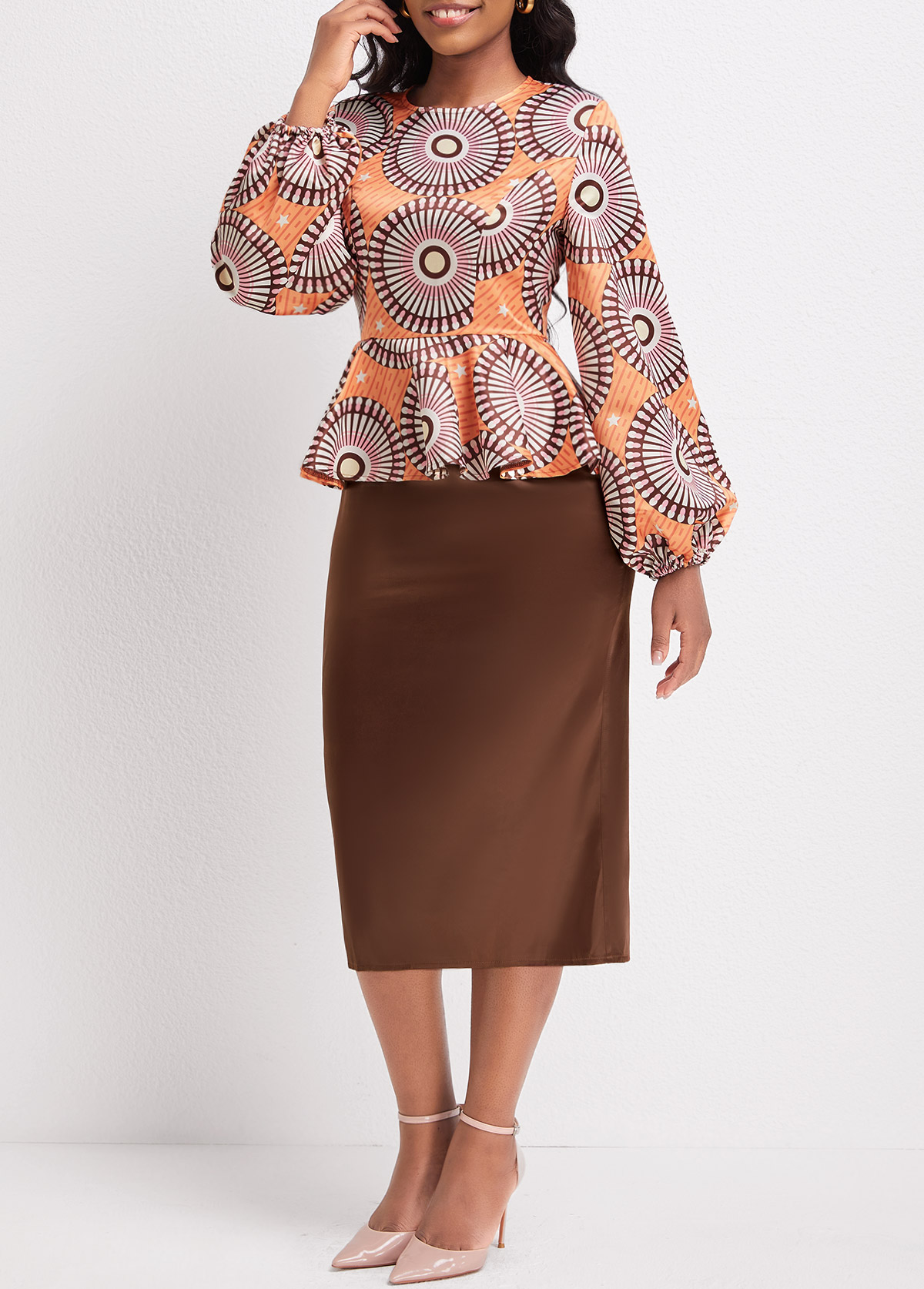 Orange dresses,Dark Coffee dresses,Tribal dresses,Geometric dresses,Striped dresses,Party dresses,Elegant dresses,ROTITA Patchwork Tribal Print Orange Round Neck Dress
