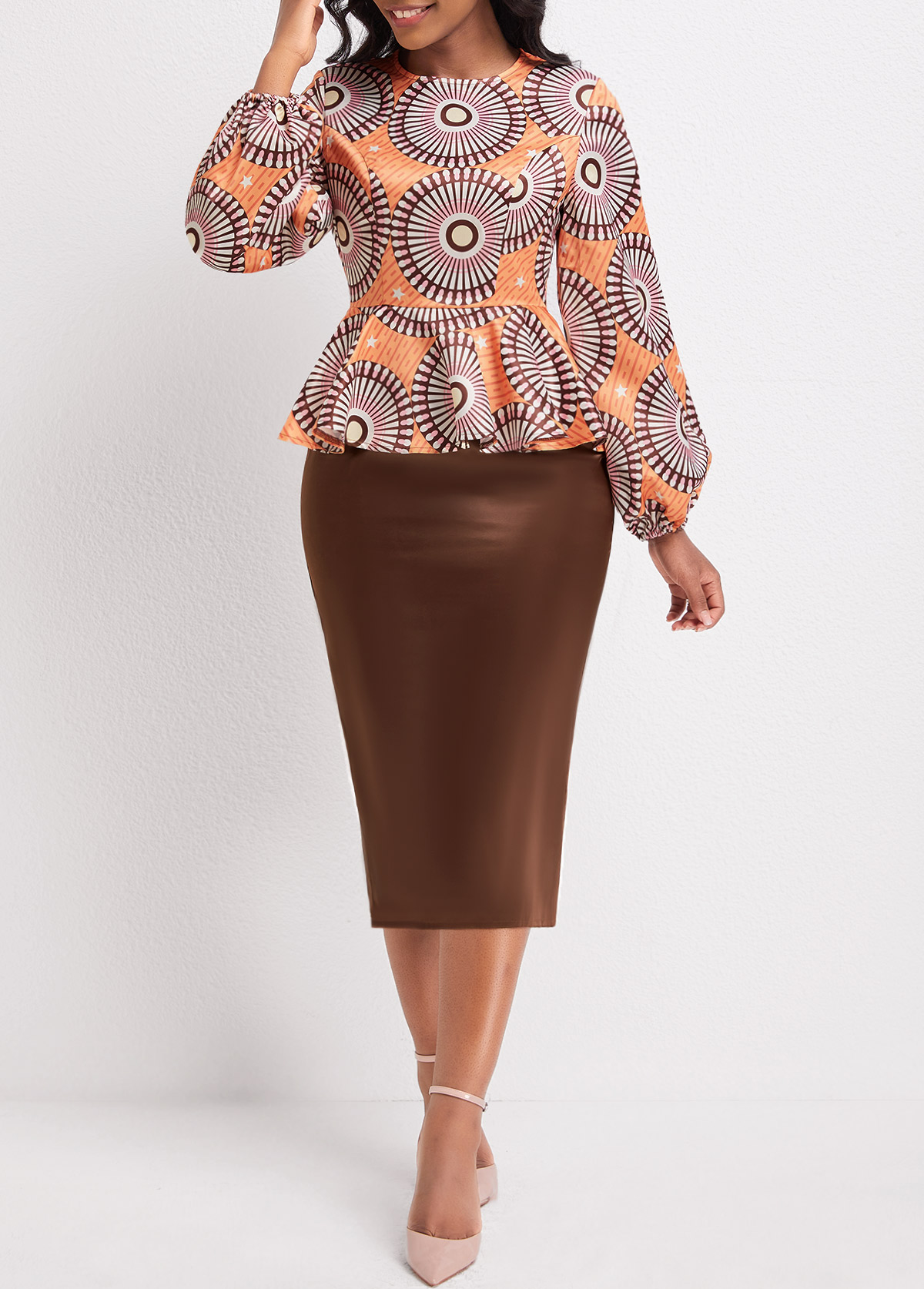 Orange dresses,Dark Coffee dresses,Tribal dresses,Geometric dresses,Striped dresses,Party dresses,Elegant dresses,ROTITA Patchwork Tribal Print Orange Round Neck Dress