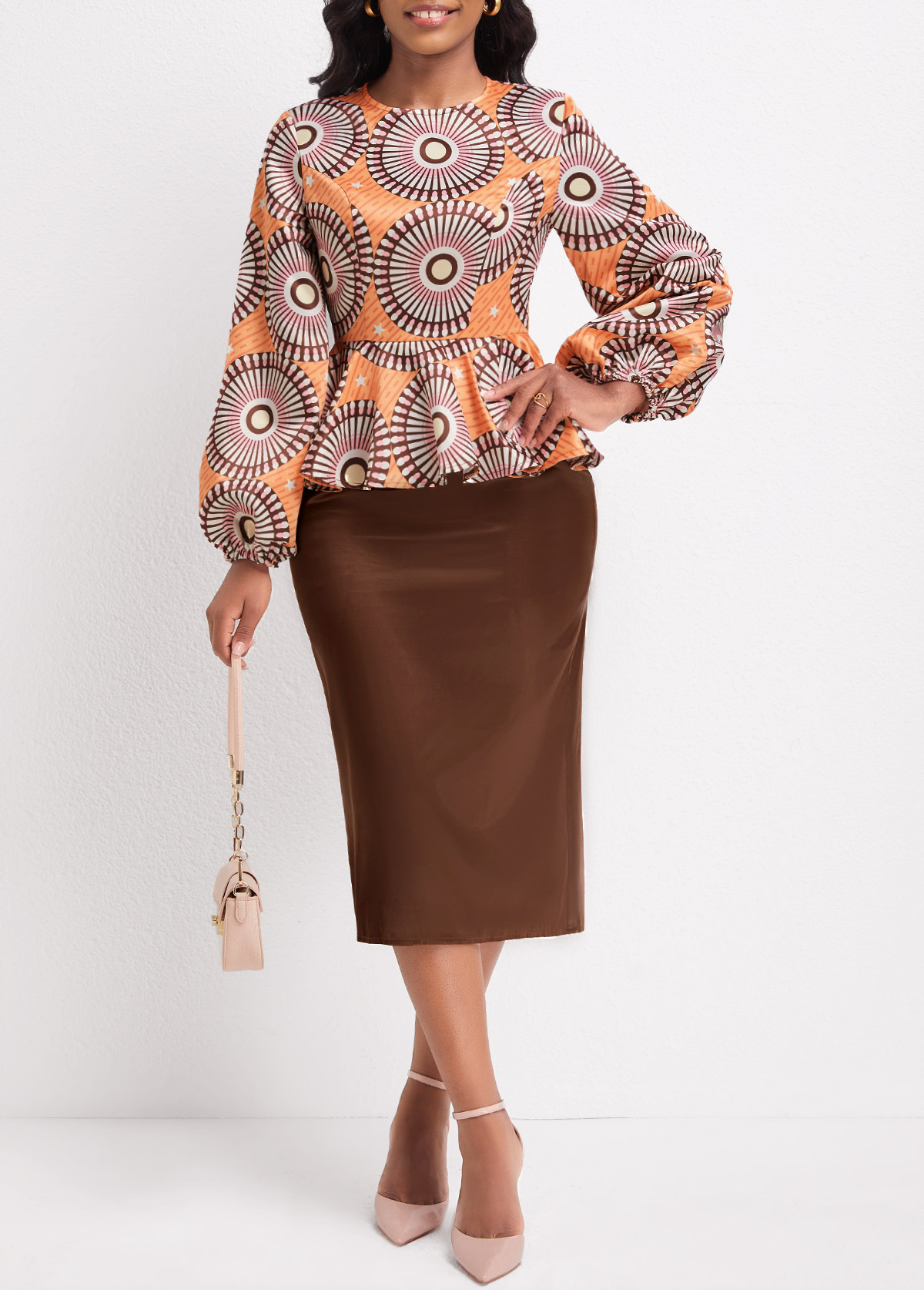 Orange dresses,Dark Coffee dresses,Tribal dresses,Geometric dresses,Striped dresses,Party dresses,Elegant dresses,ROTITA Patchwork Tribal Print Orange Round Neck Dress