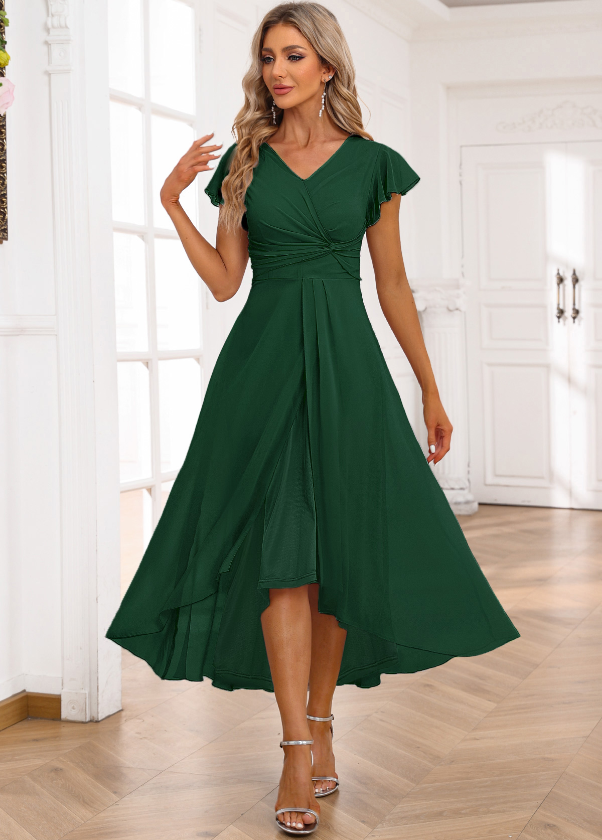 Blackish Green dresses,Plain Color dresses,Party dresses,Elegant dresses,ROTITA Twist Blackish Green High Low V Neck Dress