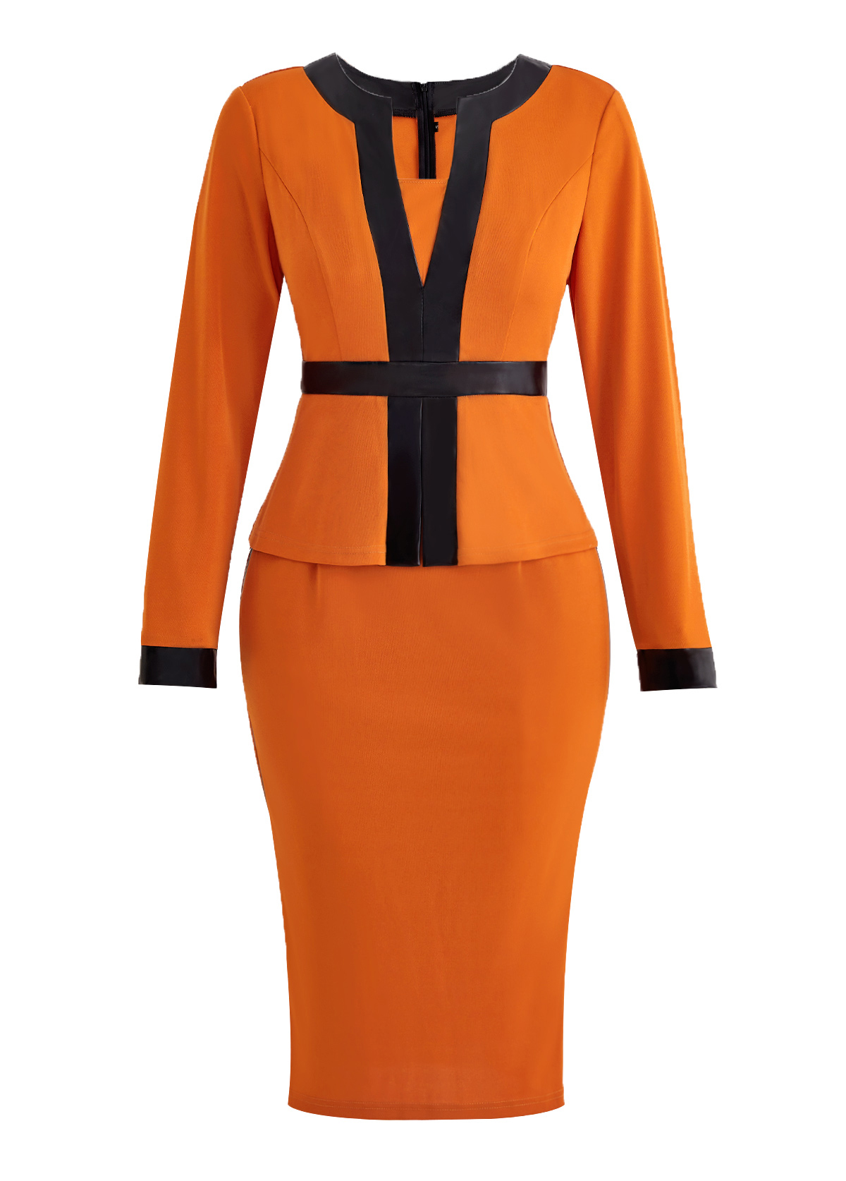 Orange dresses,Contrast Color dresses,Party dresses,Elegant dresses,ROTITA Fake 2in1 Orange Split Neck Bodycon Dress