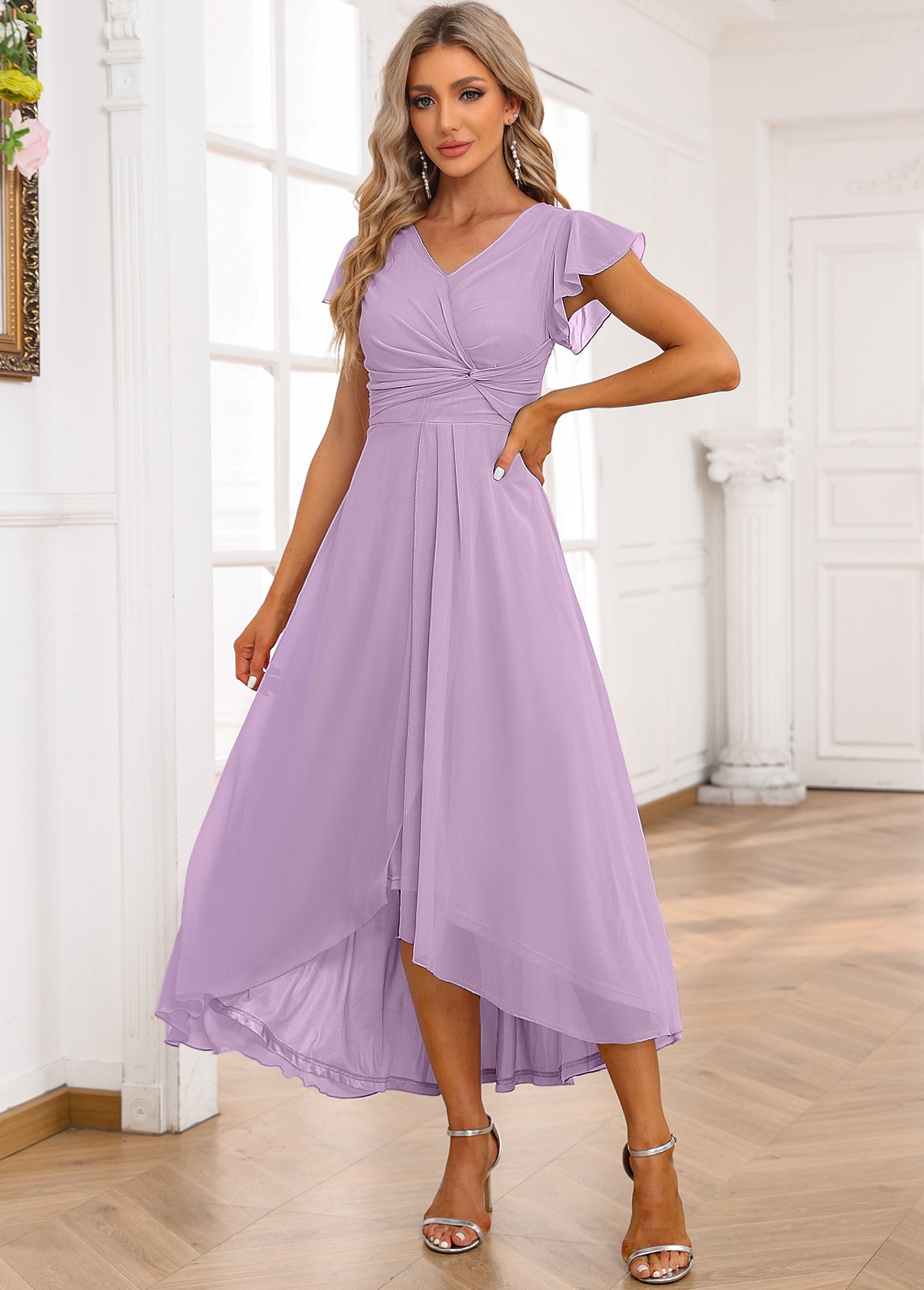 Light Purple dresses,Plain Color dresses,Party dresses,Elegant dresses,ROTITA Twist Light Purple High Low V Neck Dress