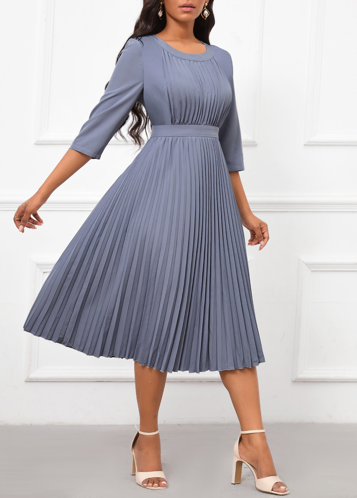 Dusty Blue dresses,Plain Color dresses,Party dresses,Elegant dresses,ROTITA Pleated Dusty Blue Round Neck Dress