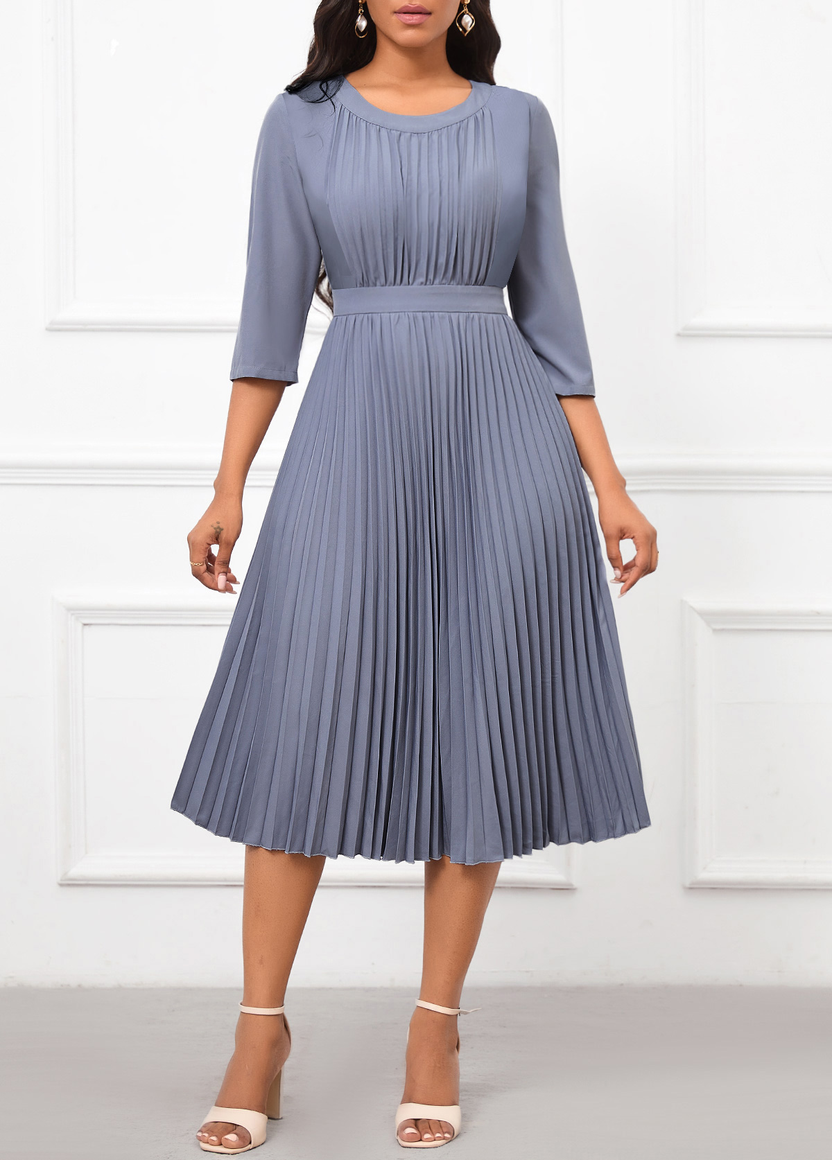Dusty Blue dresses,Plain Color dresses,Party dresses,Elegant dresses,ROTITA Pleated Dusty Blue Round Neck Dress