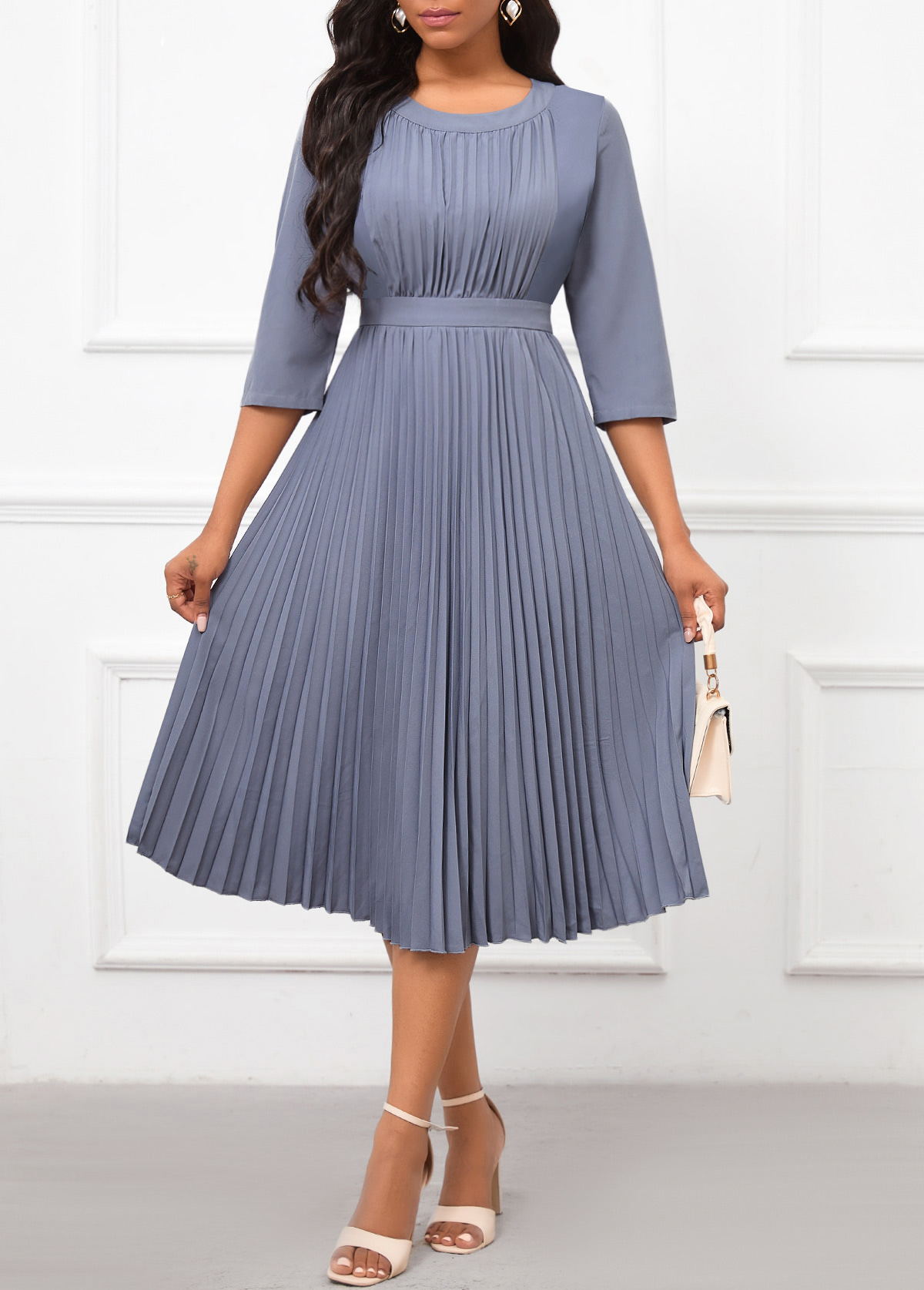 Dusty Blue dresses,Plain Color dresses,Party dresses,Elegant dresses,ROTITA Pleated Dusty Blue Round Neck Dress