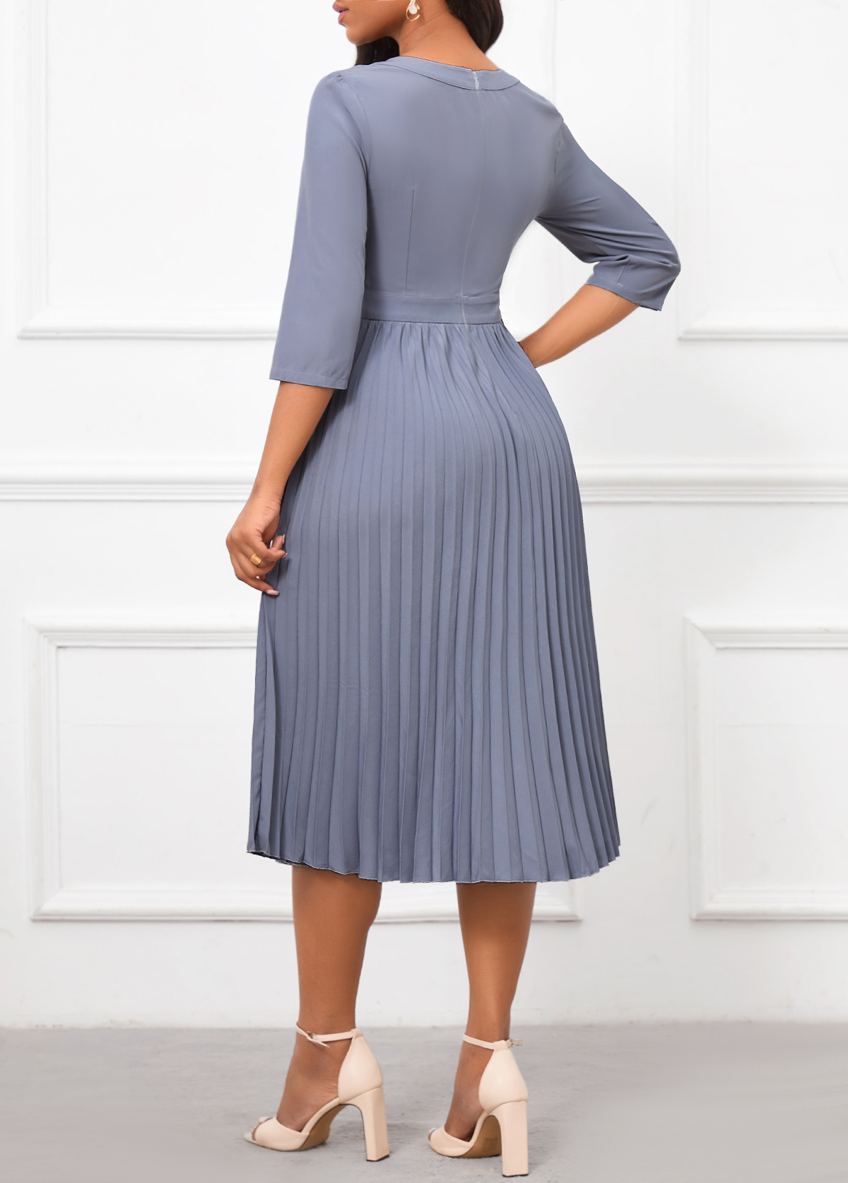 Dusty Blue dresses,Plain Color dresses,Party dresses,Elegant dresses,ROTITA Pleated Dusty Blue Round Neck Dress