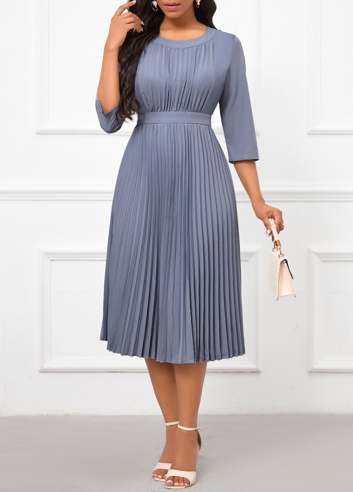Dusty Blue dresses,Plain Color dresses,Party dresses,Elegant dresses,ROTITA Pleated Dusty Blue Round Neck Dress