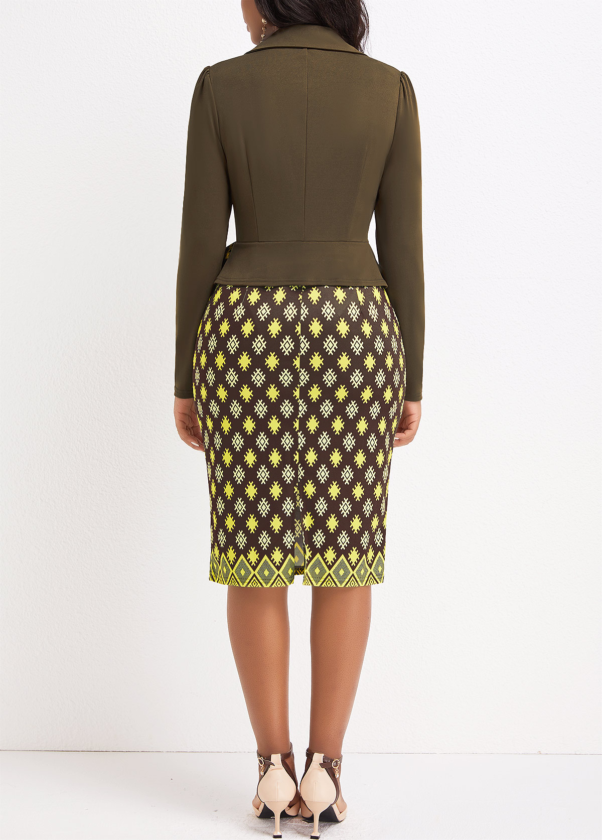 Olive Green dresses,Plaid dresses,Striped dresses,Party dresses,Elegant dresses,ROTITA Patchwork Argyle Print Olive Green Bodycon Long Sleeve Dress