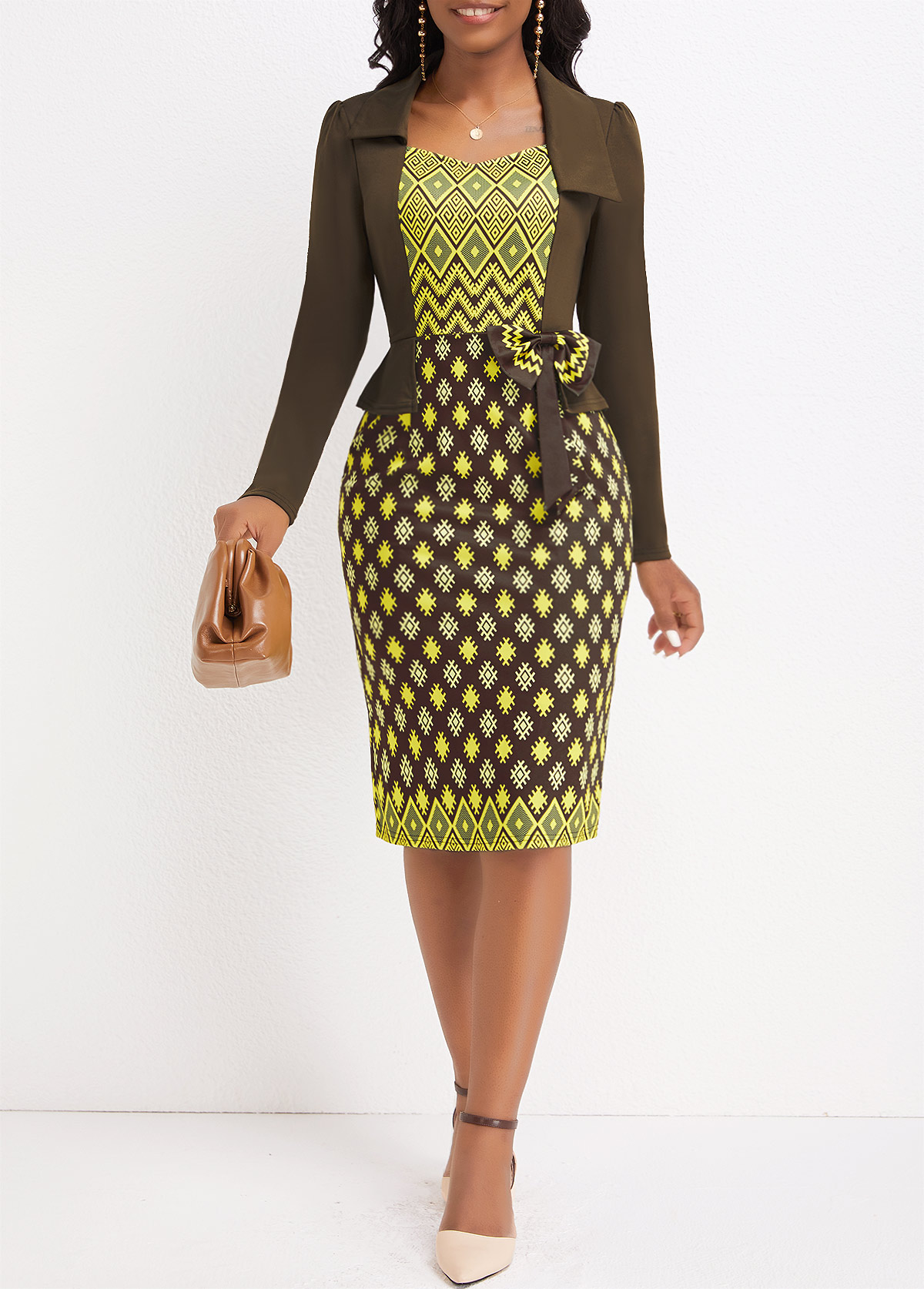 Olive Green dresses,Plaid dresses,Striped dresses,Party dresses,Elegant dresses,ROTITA Patchwork Argyle Print Olive Green Bodycon Long Sleeve Dress