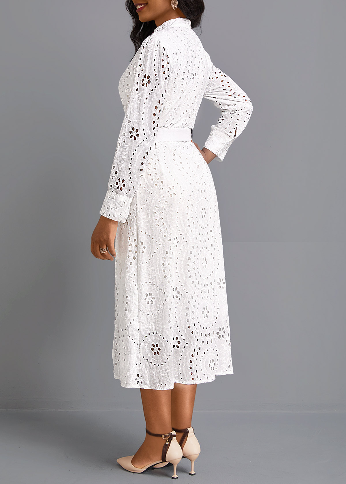 White dresses,Plain Color dresses,Party dresses,Elegant dresses,ROTITA Button White Belted Round Neck Long Sleeve Dress