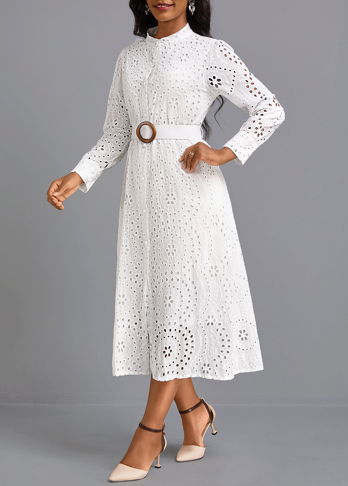 White dresses,Plain Color dresses,Party dresses,Elegant dresses,ROTITA Button White Belted Round Neck Long Sleeve Dress