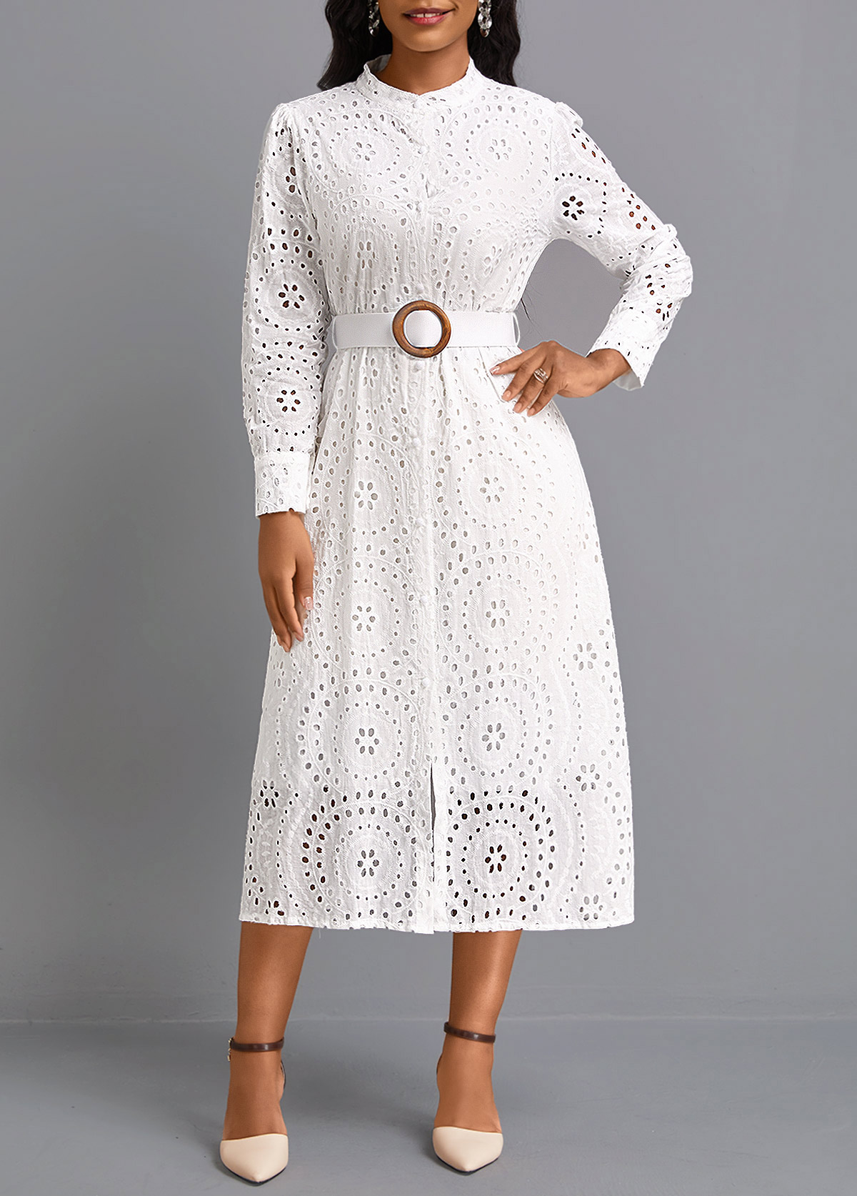 White dresses,Plain Color dresses,Party dresses,Elegant dresses,ROTITA Button White Belted Round Neck Long Sleeve Dress