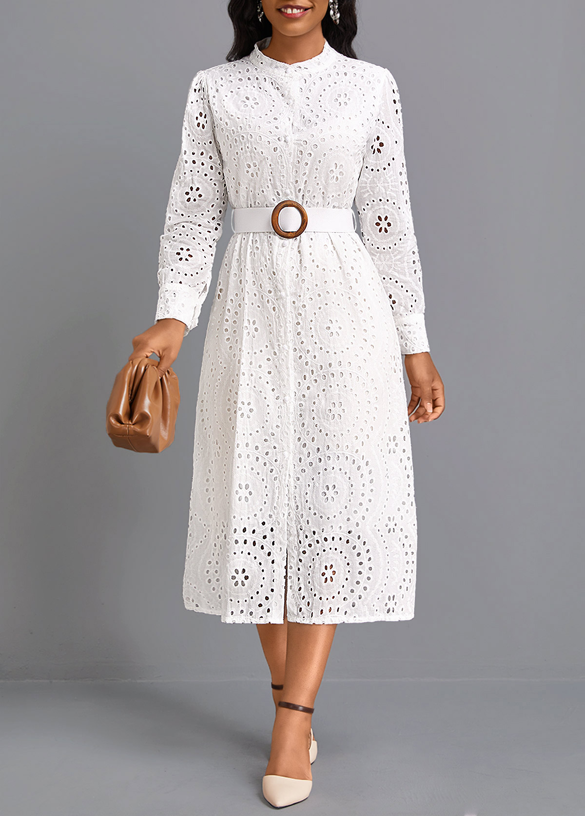 White dresses,Plain Color dresses,Party dresses,Elegant dresses,ROTITA Button White Belted Round Neck Long Sleeve Dress