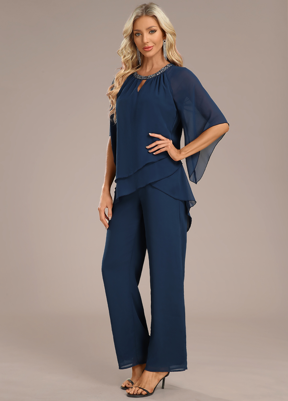 Navy jumpsuits&rompers,Plain Color jumpsuits&rompers,ROTITA Layered Navy Long Round Neck Jumpsuit