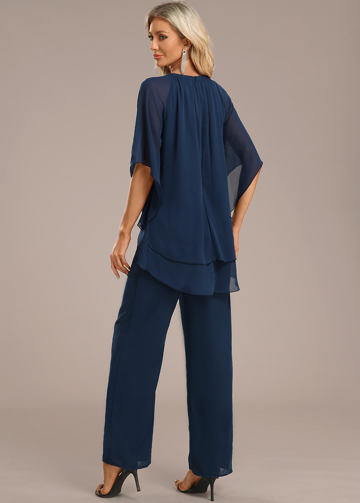 Navy jumpsuits&rompers,Plain Color jumpsuits&rompers,ROTITA Layered Navy Long Round Neck Jumpsuit