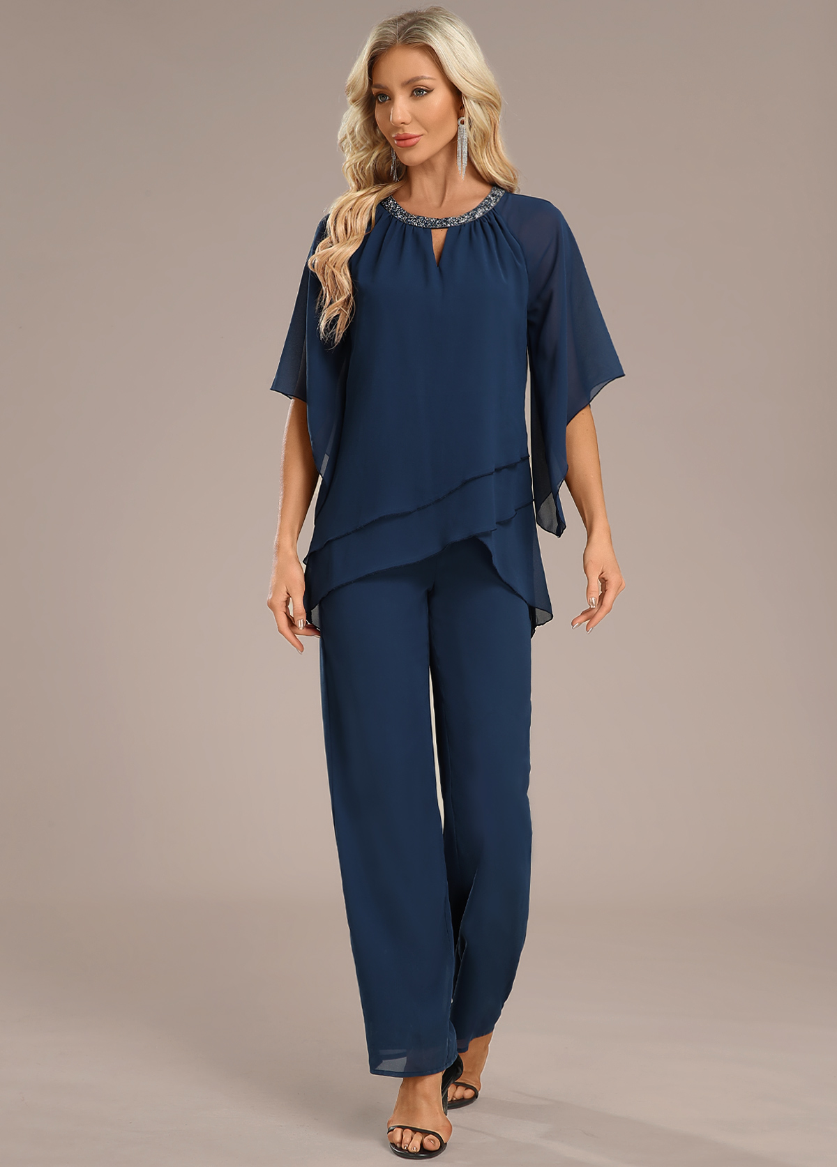 Navy jumpsuits&rompers,Plain Color jumpsuits&rompers,ROTITA Layered Navy Long Round Neck Jumpsuit
