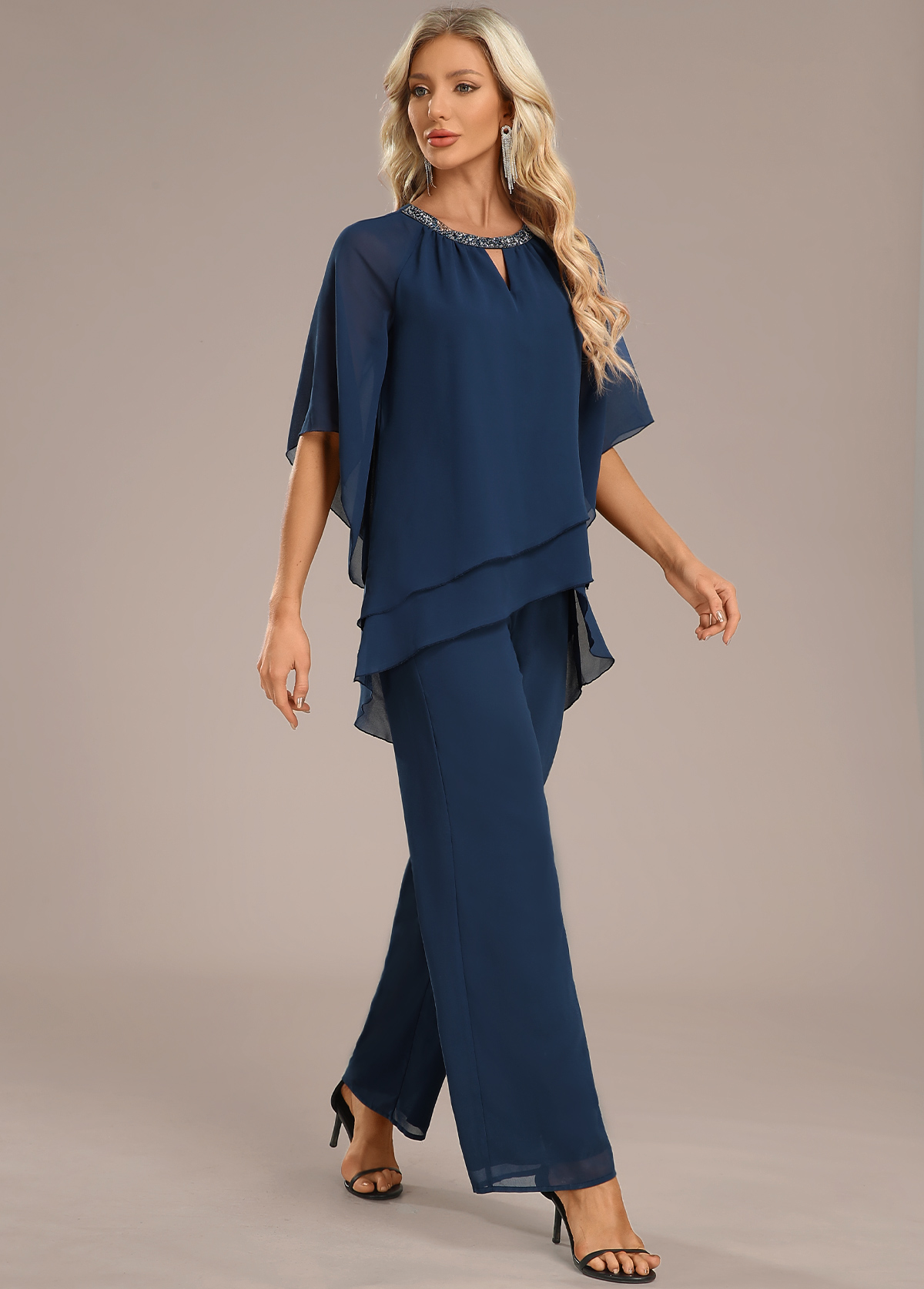 Navy jumpsuits&rompers,Plain Color jumpsuits&rompers,ROTITA Layered Navy Long Round Neck Jumpsuit