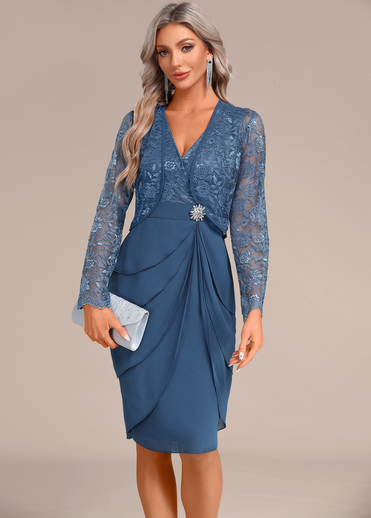 Peacock Blue dresses,Plain Color dresses,Party dresses,Elegant dresses,ROTITA Layered Two Piece Suit Peacock Blue Dress and Cardigan
