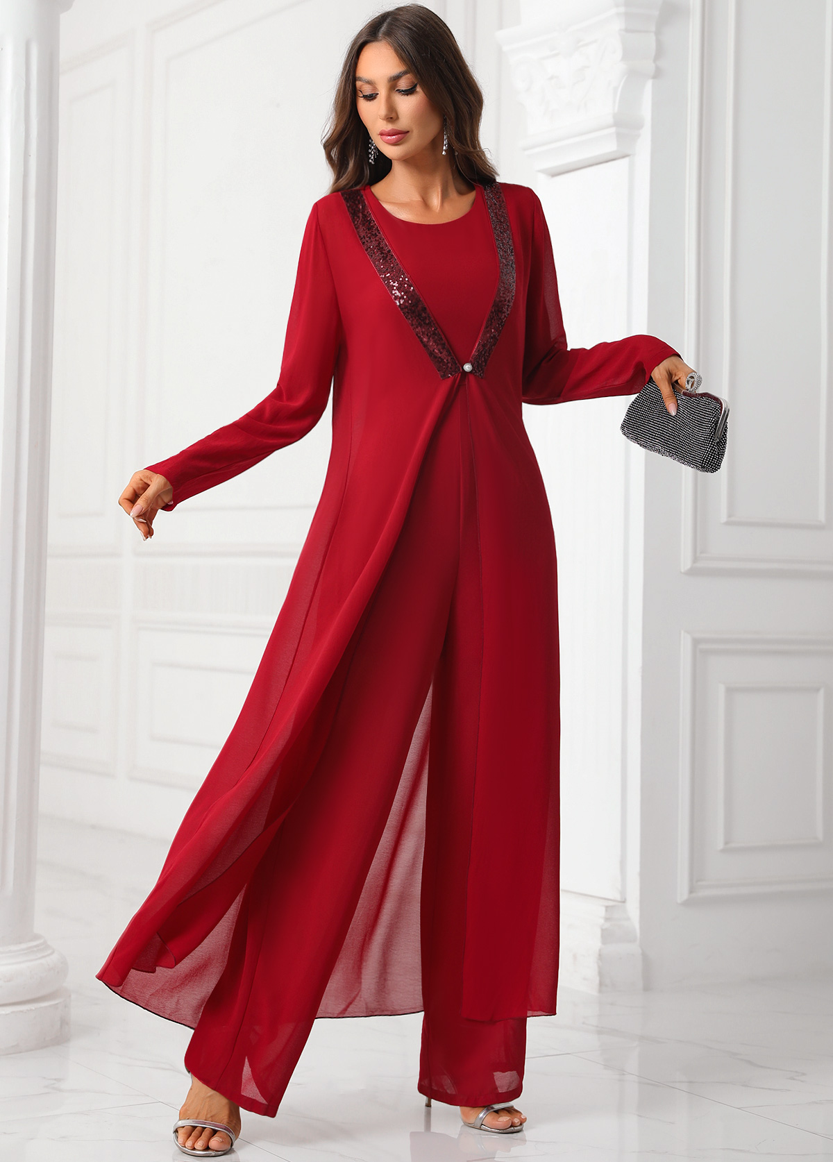 Deep Red jumpsuits&rompers,Plain Color jumpsuits&rompers,ROTITA Sequin Deep Red Round Neck Jumpsuit and Cardigan