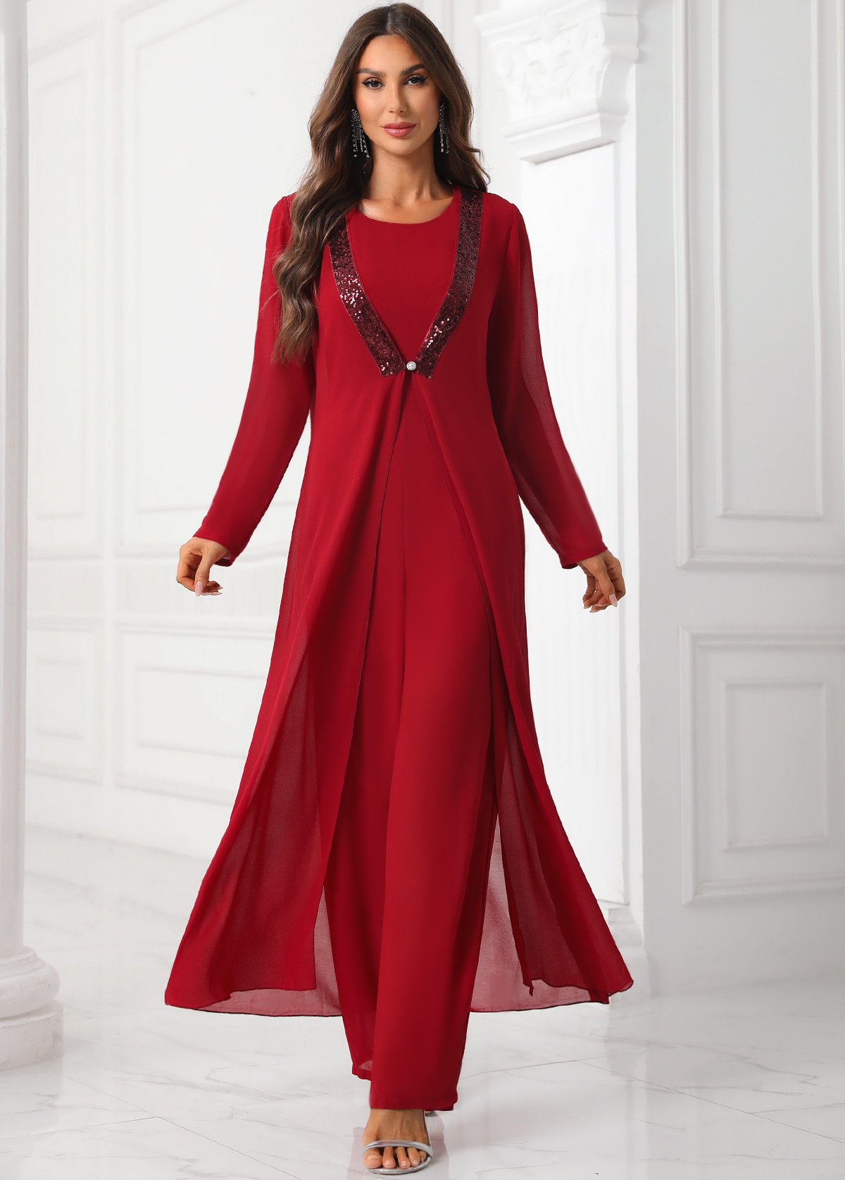 Deep Red jumpsuits&rompers,Plain Color jumpsuits&rompers,ROTITA Sequin Deep Red Round Neck Jumpsuit and Cardigan
