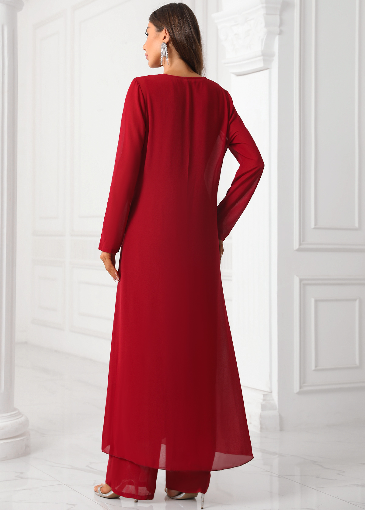 Deep Red jumpsuits&rompers,Plain Color jumpsuits&rompers,ROTITA Sequin Deep Red Round Neck Jumpsuit and Cardigan