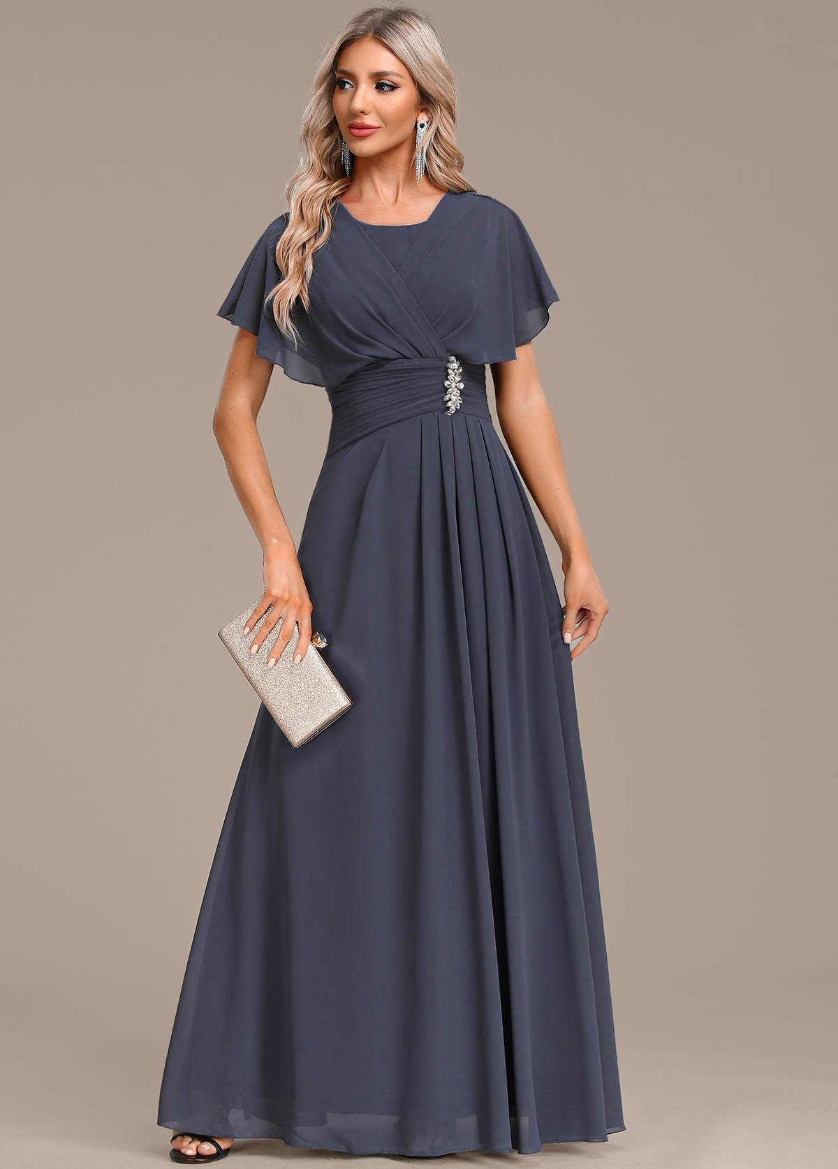 Navy dresses,Plain Color dresses,Party dresses,Elegant dresses,ROTITA Zipper Navy Round Neck Short Sleeve Maxi Dress